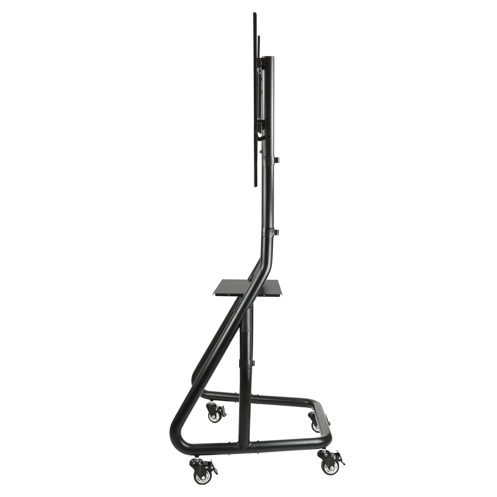 Un soporte de TV negro con ruedas. Tiene un poste vertical con un estante y un soporte para un televisor.