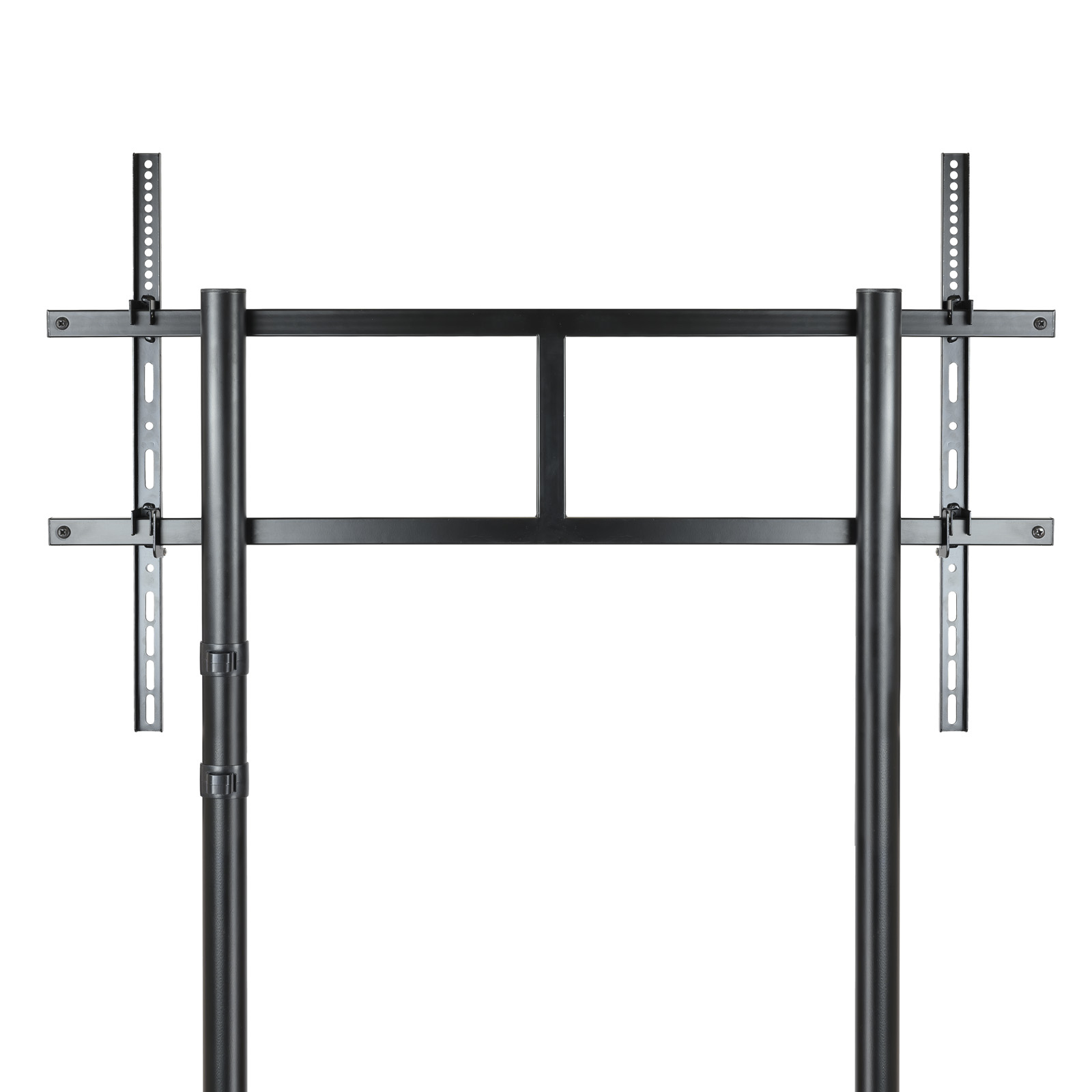 Soporte de TV metálico negro con dos postes verticales y soporte horizontal. Soportes de montaje a cada lado para el televisor.