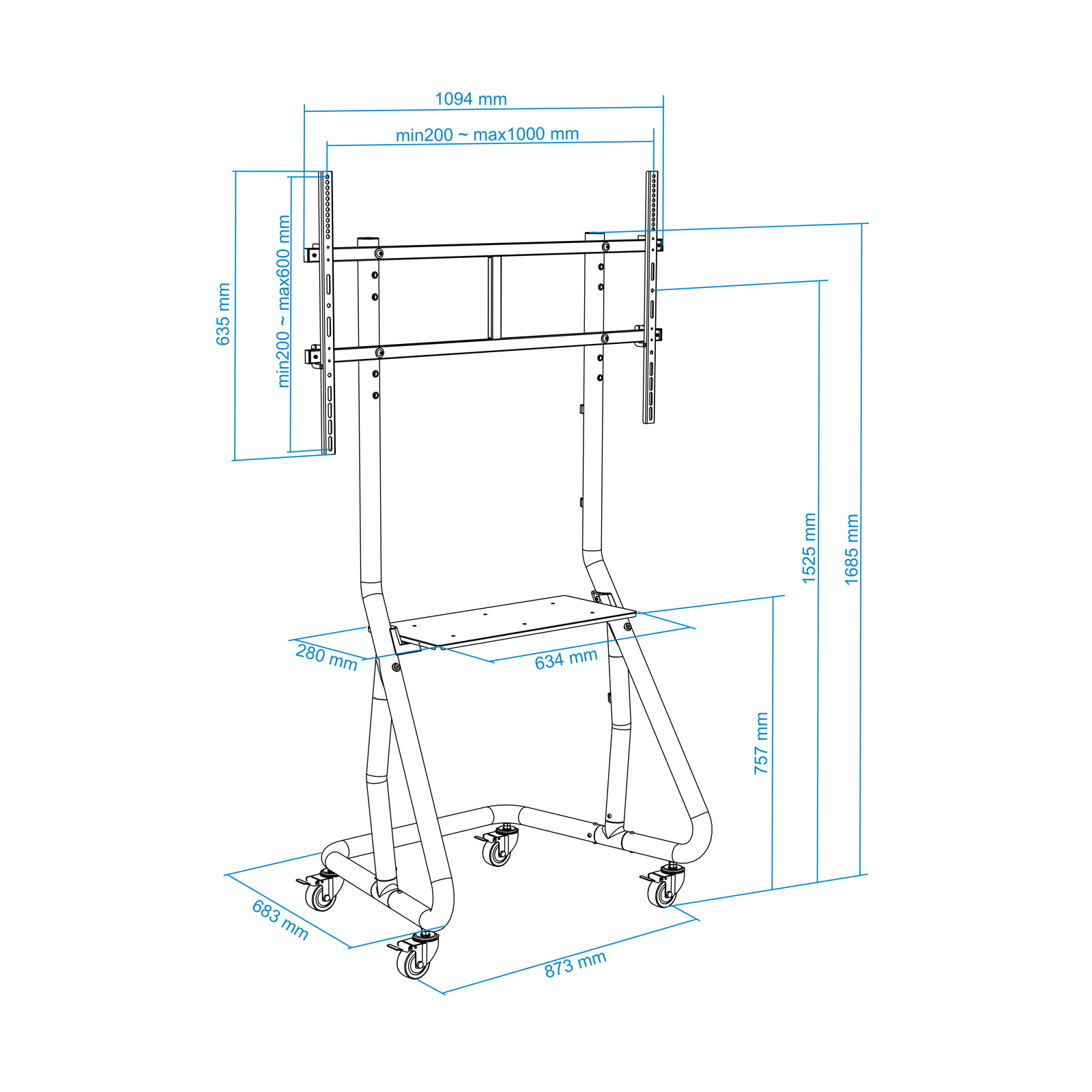 Dibujo técnico de un soporte de TV negro con medidas en milímetros. Se proporcionan dimensiones y etiquetas para mayor claridad.