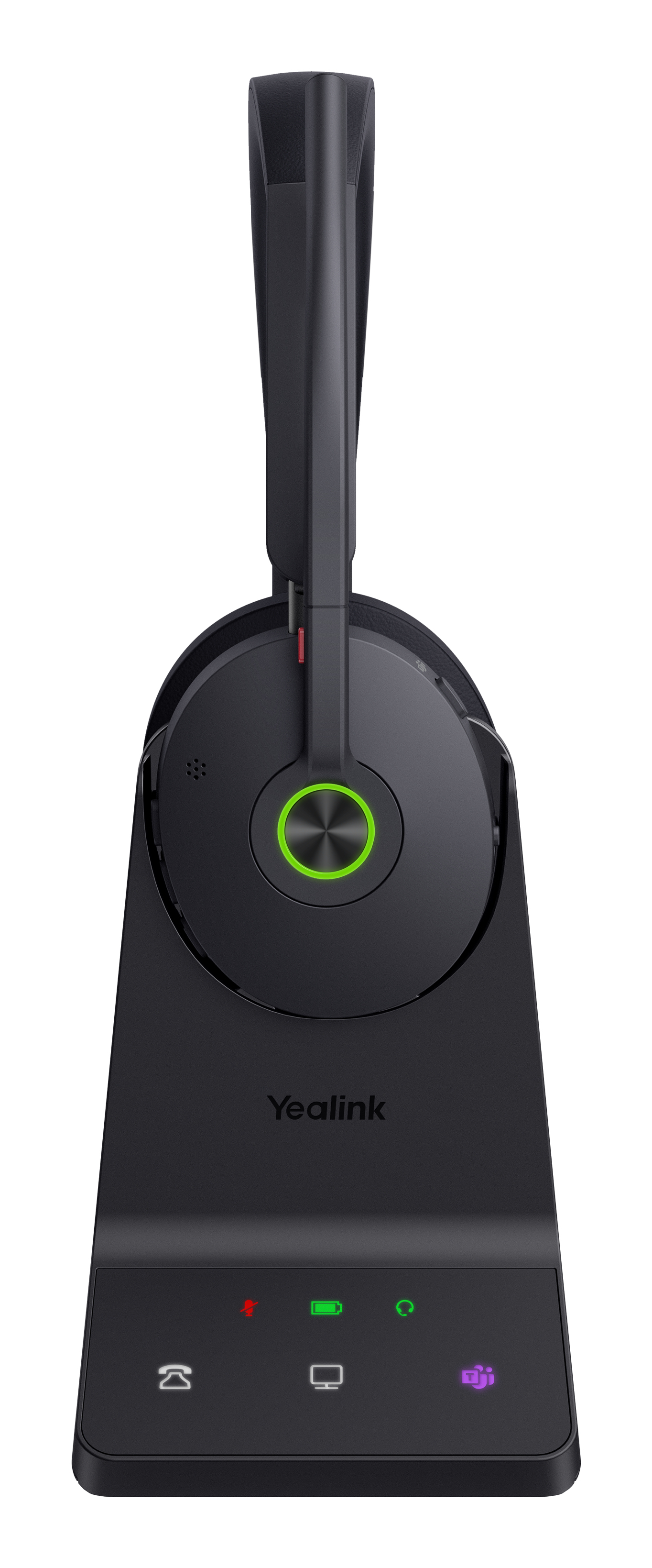 Casque Yealink noir sur une base de chargement. La base a des voyants d'état. Le casque a une lumière verte et le logo Yealink est visible.