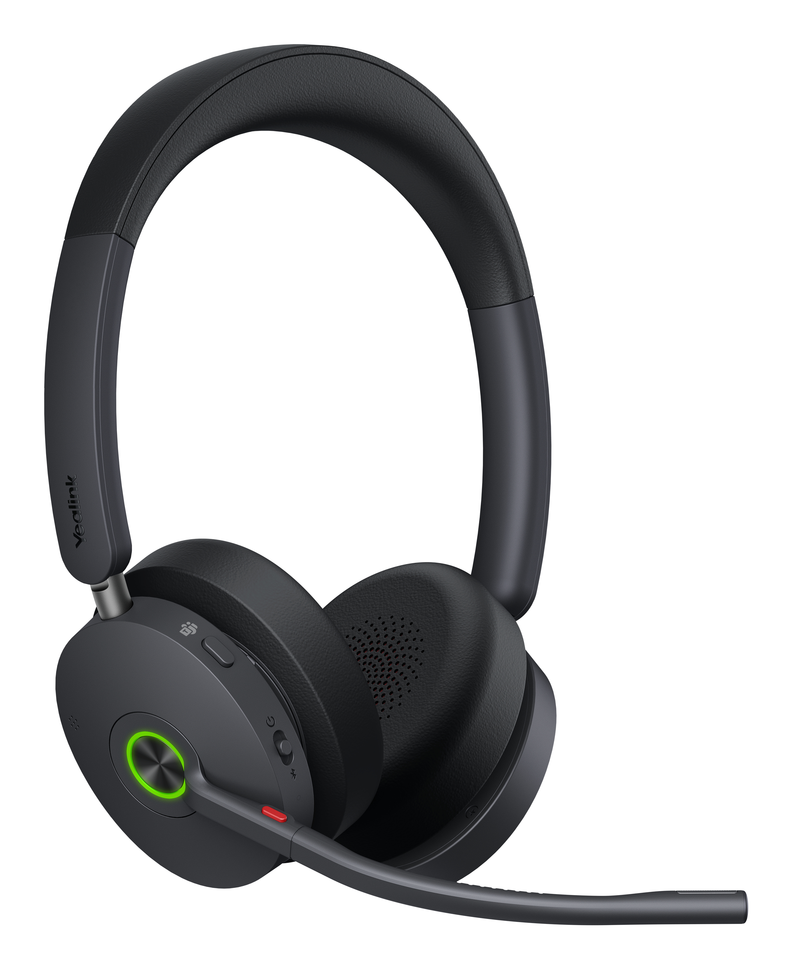 Schwarzes drahtloses Yealink-Headset mit Bügelmikrofon und grünem Power-Button. Auf weißem Hintergrund.