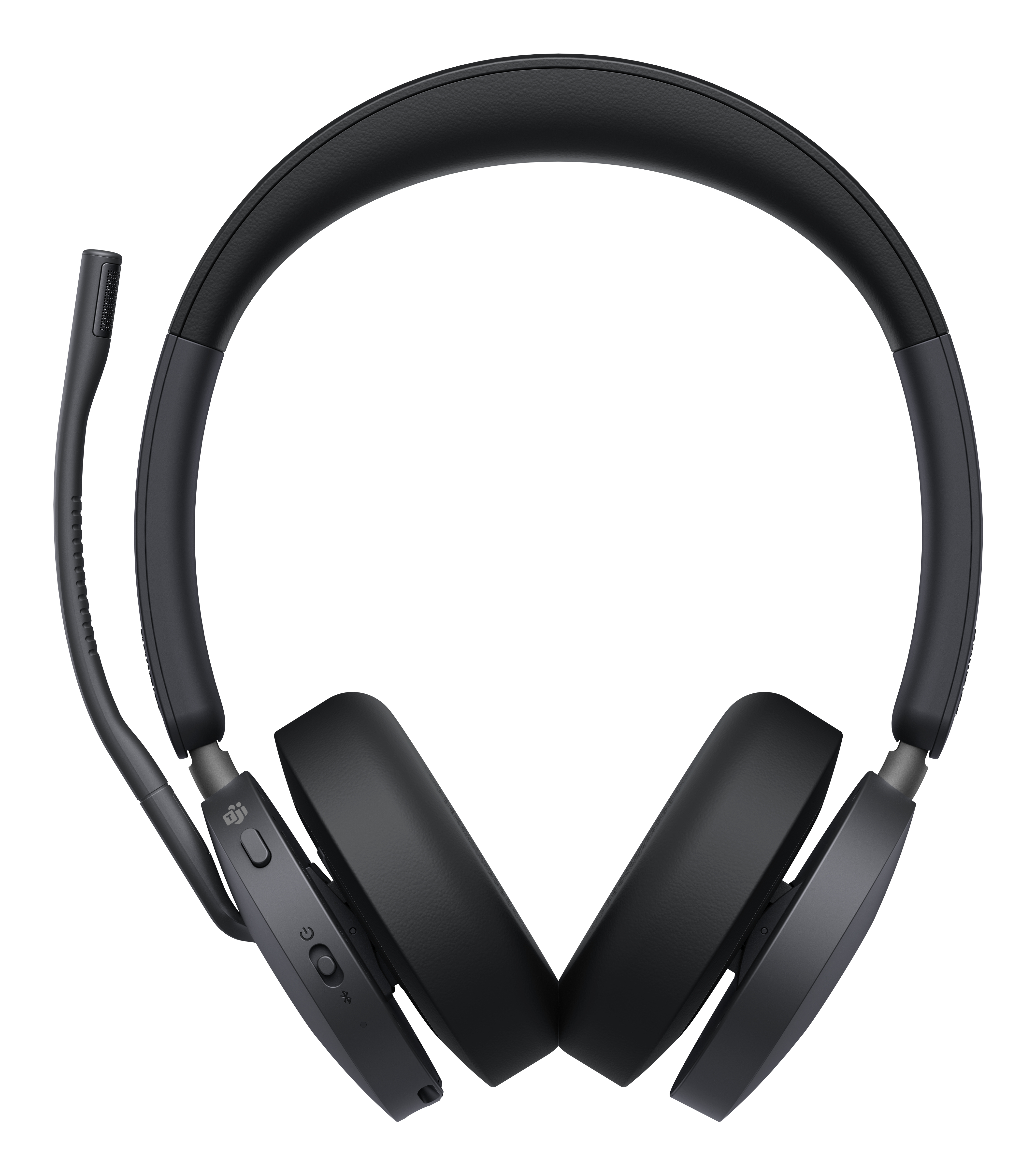 Schwarzes Headset mit Mikrofon. Es hat Ohrmuscheln und ein Kopfband. Knöpfe sind am linken Hörer sichtbar.