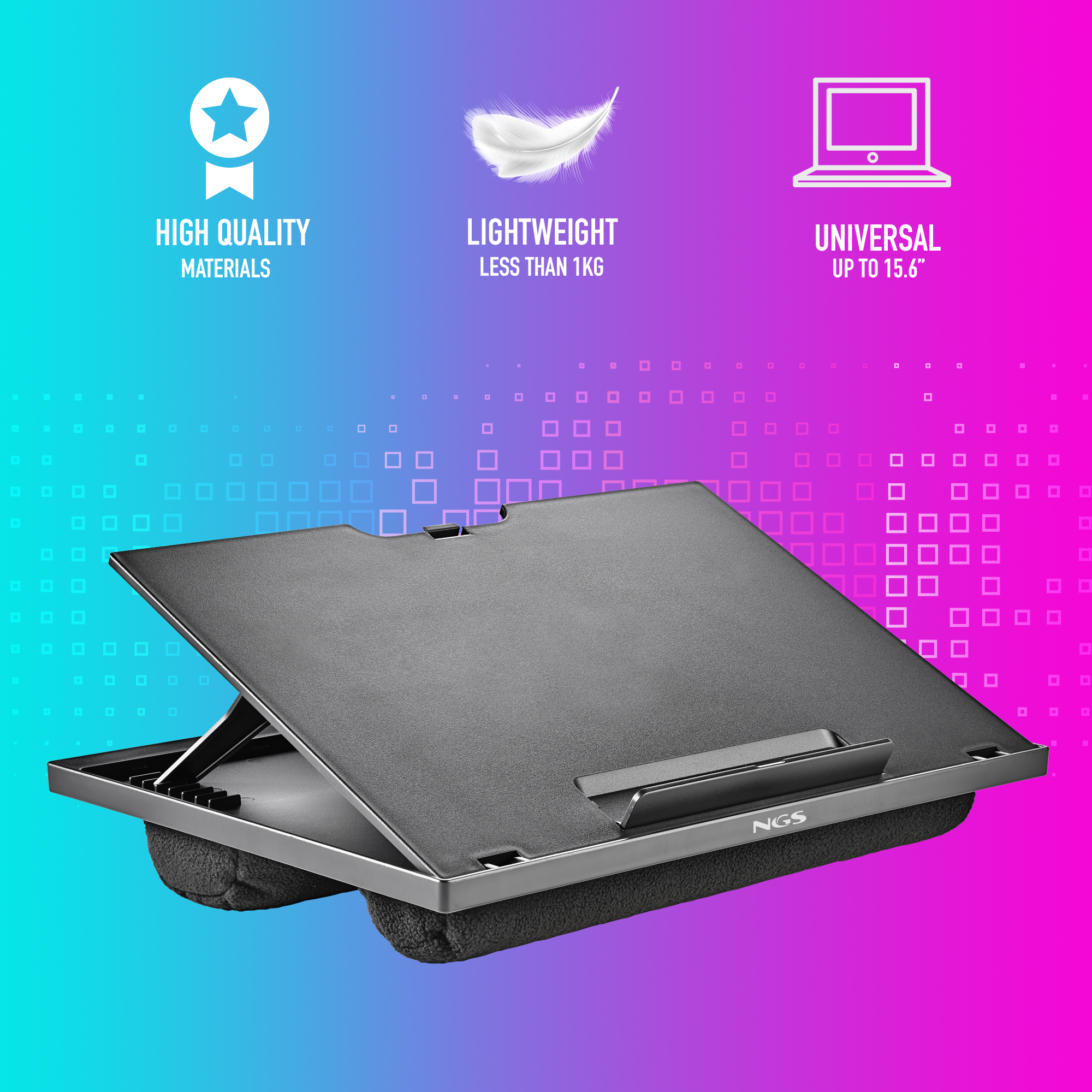 Laptopständer mit schwarzer Oberfläche und Kissen. Text: Hochwertige Materialien, leicht, universell bis 15,6 Zoll.