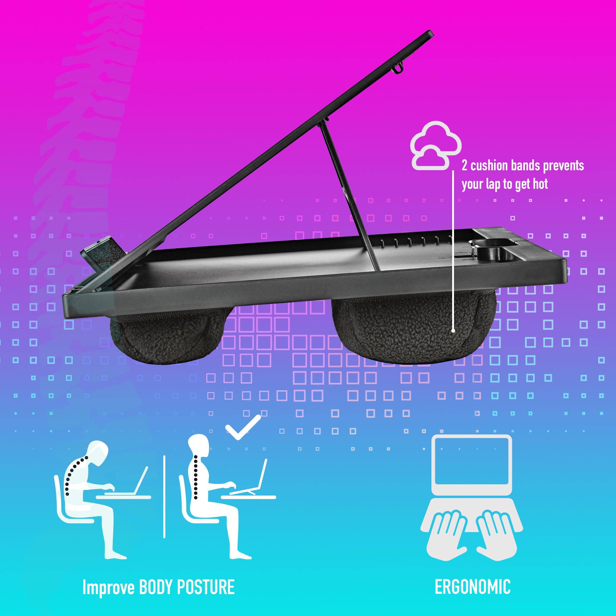 Ein Laptop-Schreibtisch mit Kissenbändern. Er verbessert die Haltung und ist ergonomisch.