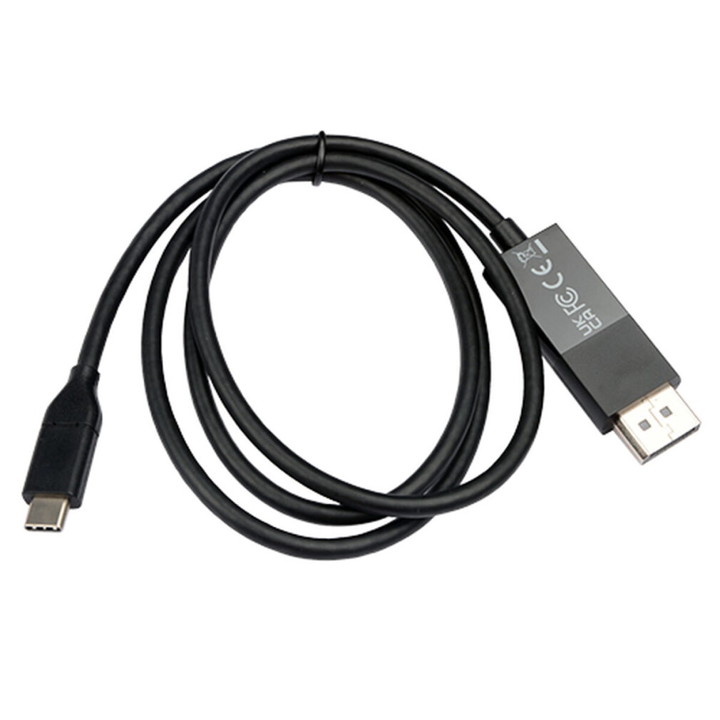 Czarny kabel z wtyczką USB-C na jednym końcu i złączem DisplayPort na drugim, ułożony w ósemkę.