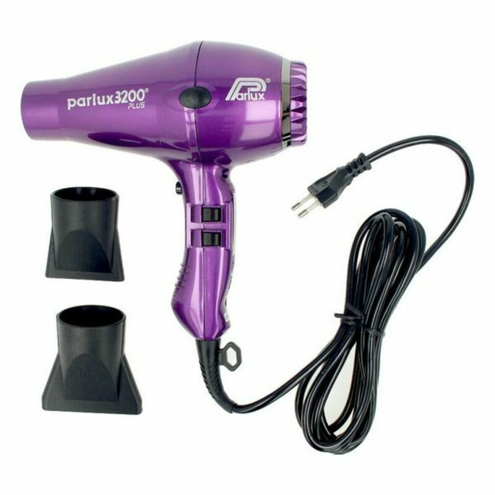 Un secador de pelo Parlux 3200 morado con accesorios y cable negros. El secador está sobre fondo blanco.