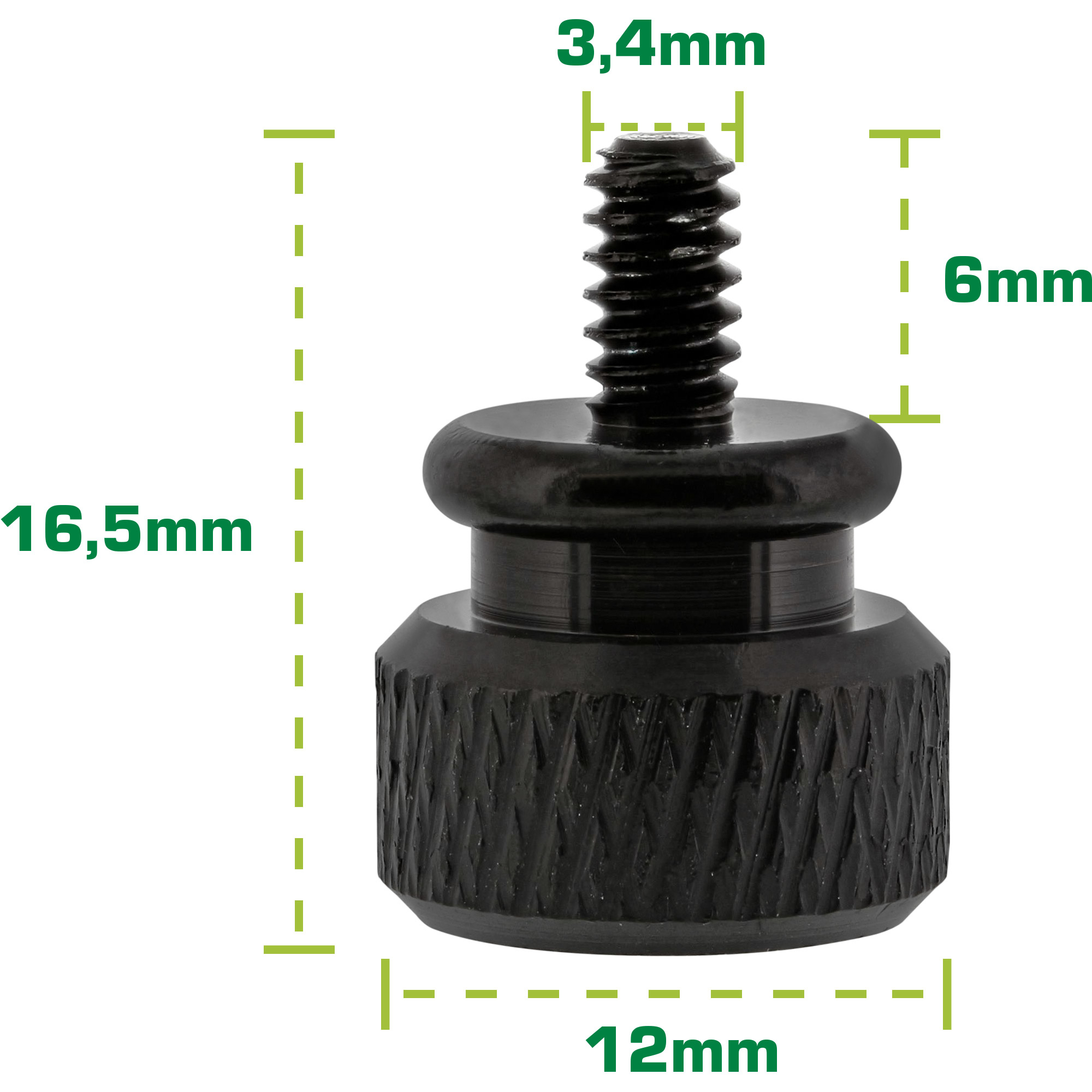 Schwarze Schraube mit Maßen: 16,5 mm, 12 mm, 6 mm und 3,4 mm. Die Schraube hat einen strukturierten Sockel.