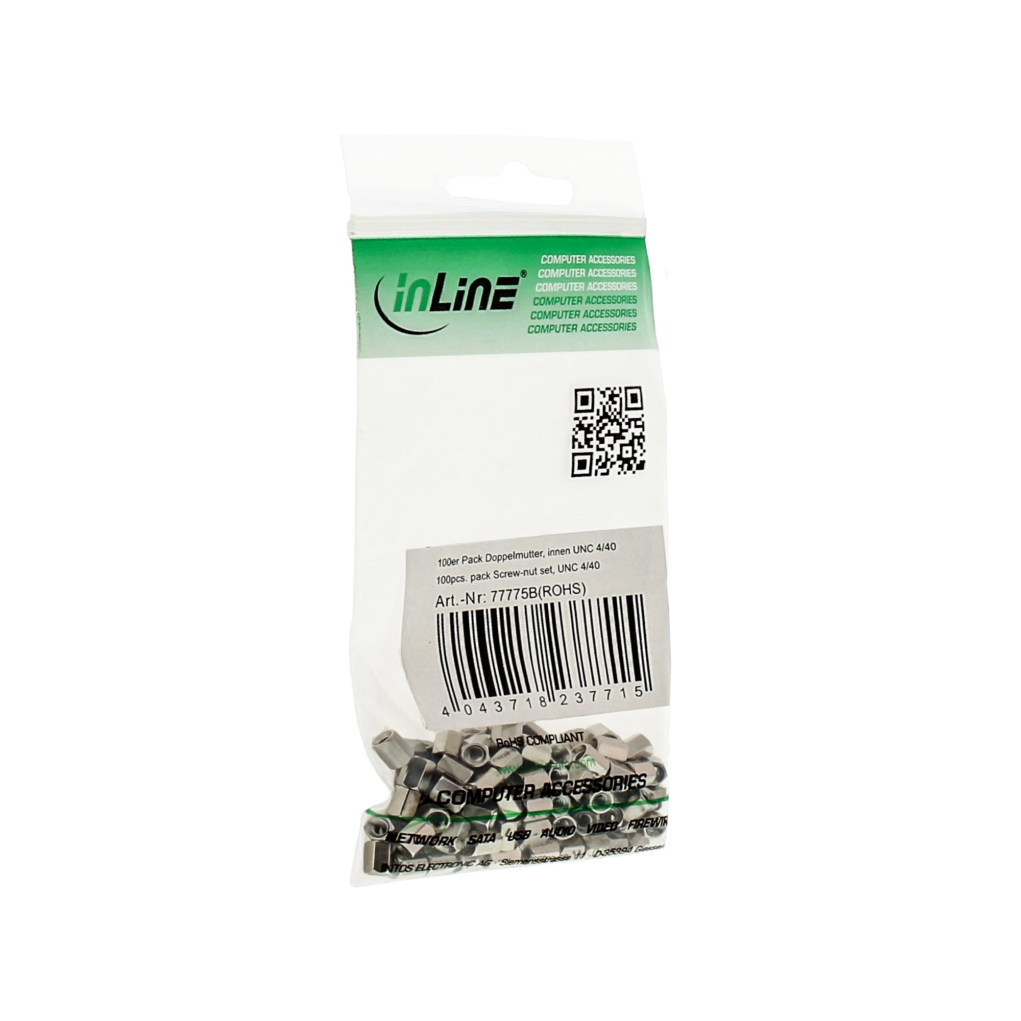 Eine Packung Computerzubehör mit Schraubenmuttern. Die Verpackung ist weiß mit grünem Text und einem Barcode.