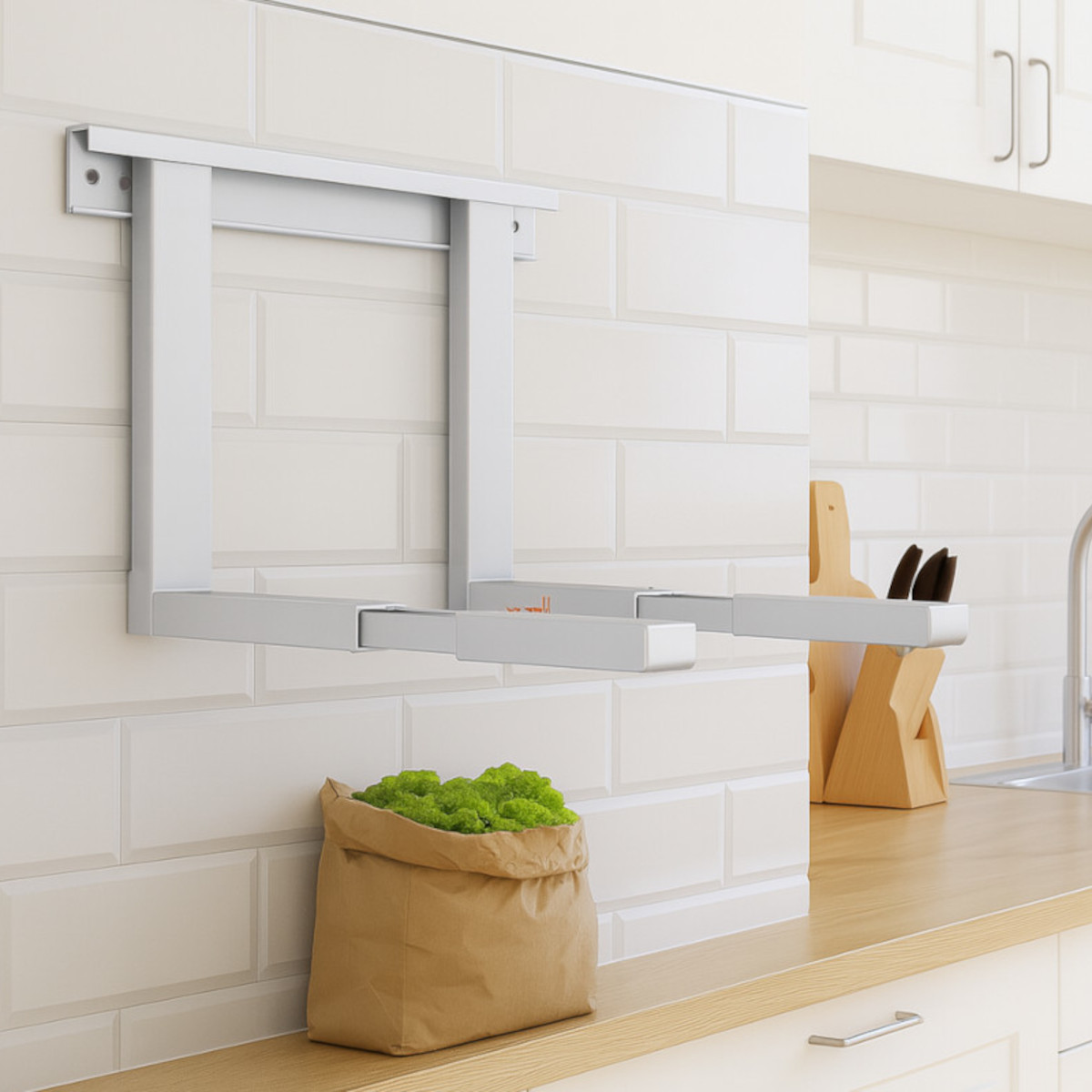 Eine Küchenszene mit einem an der Wand montierten Metallgestell. Ein brauner Papiersack mit grünen Pflanzen steht auf der Theke.