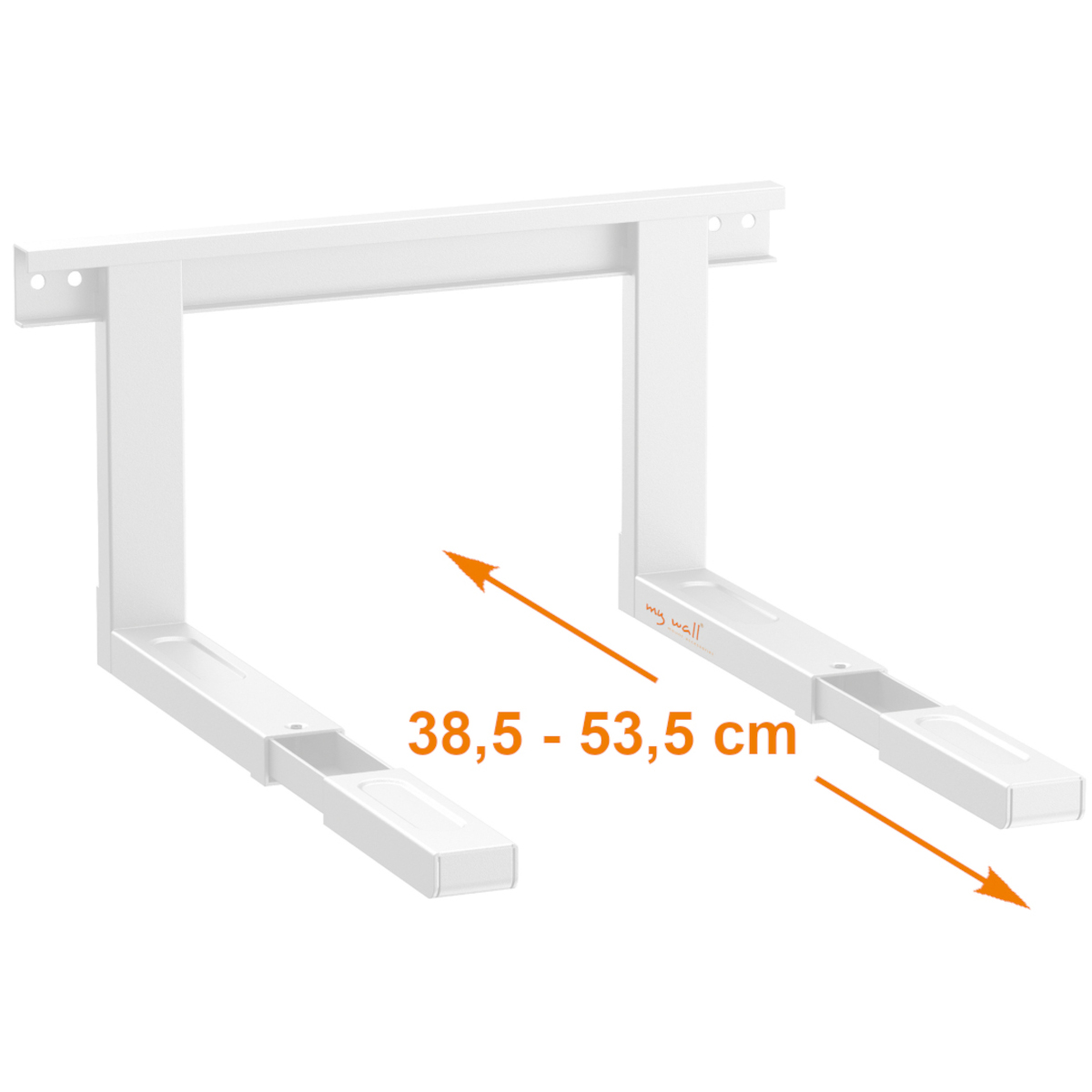 Weißer Wandhalter. Pfeile zeigen die Maße: 38,5 - 53,5 cm. Die Marke 'my wall' ist sichtbar.