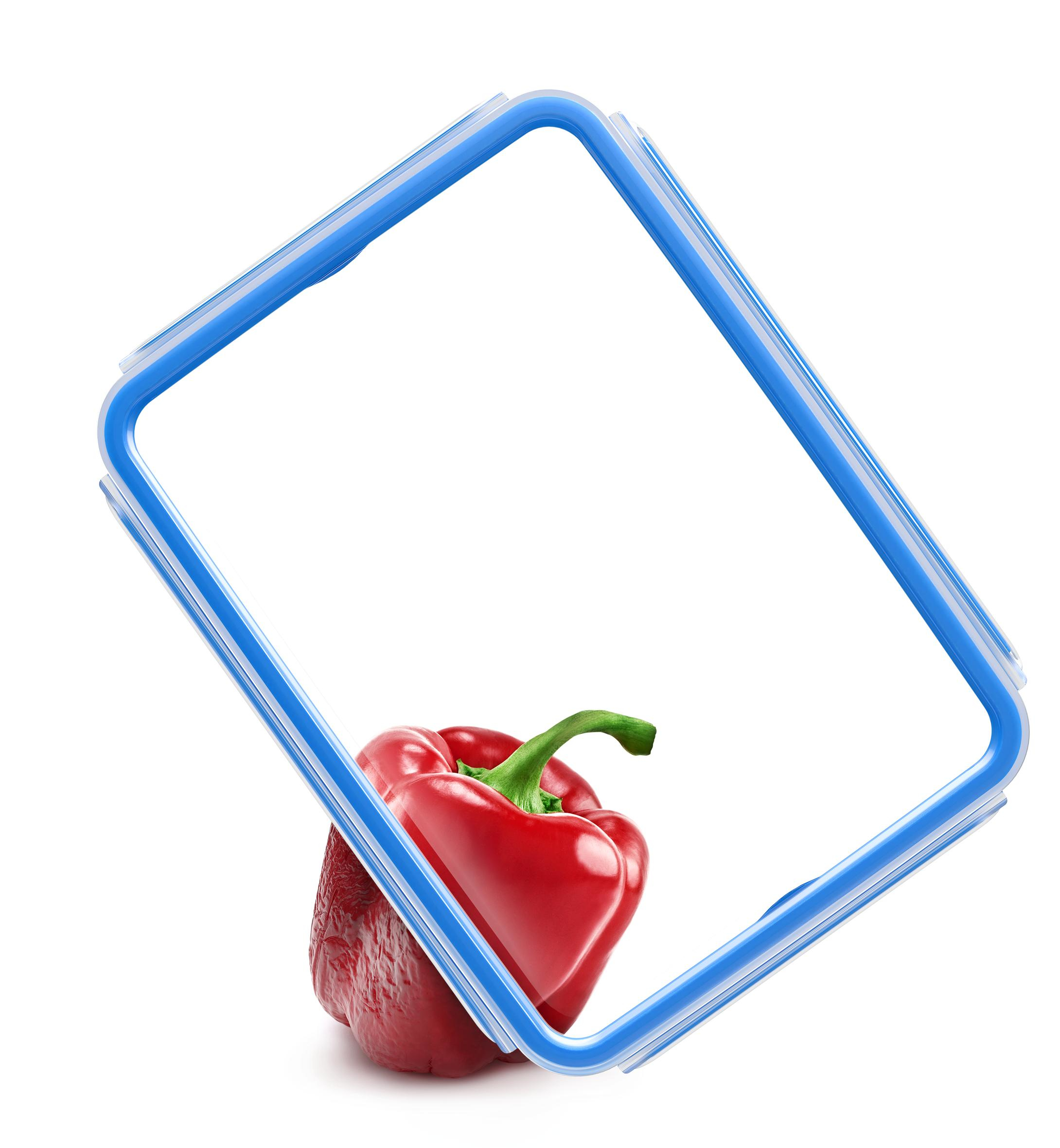 Czerwona papryka z zieloną łodygą jest częściowo obramowana przez niebiesko-biały kwadratowy pojemnik.