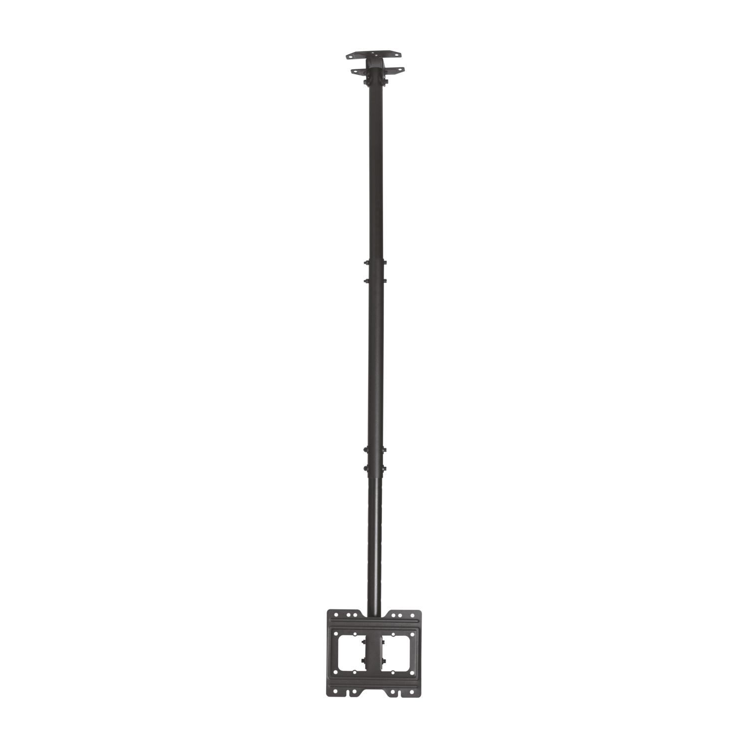 Un soporte de techo negro para una pantalla. Tiene un poste vertical con soportes y una placa en la parte inferior.
