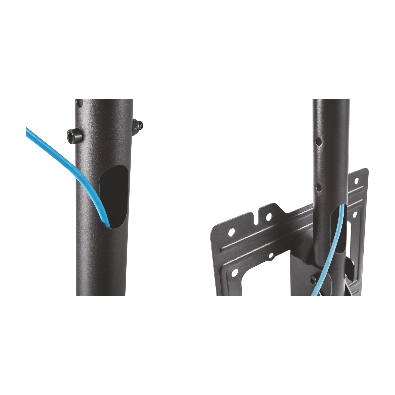 Dos secciones de un soporte de metal negro. Un cable azul atraviesa el soporte. El soporte está sobre un fondo blanco.