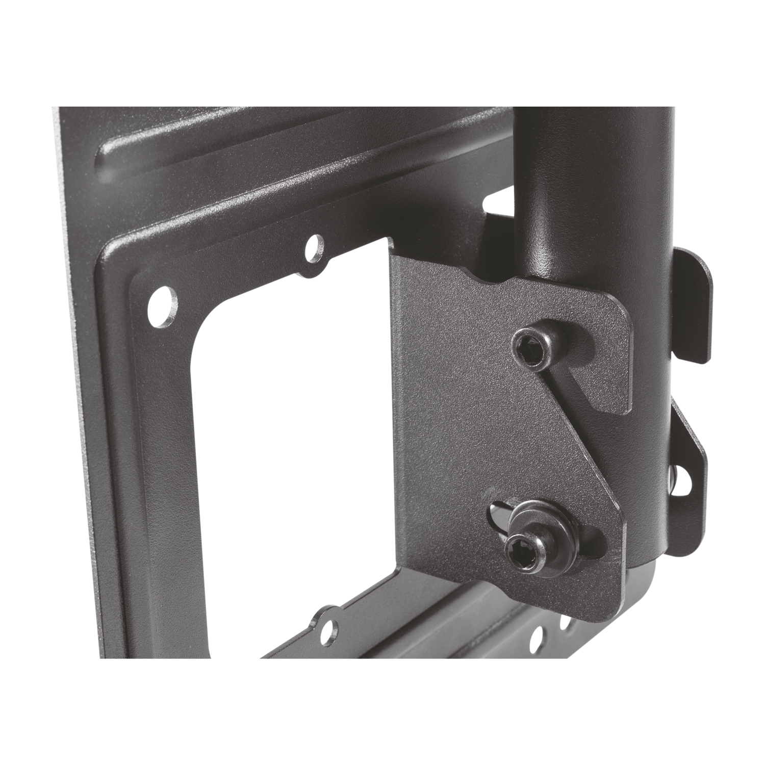 Primer plano de un soporte de TV metálico negro. Muestra la placa de montaje, el soporte y un soporte cilíndrico. Los tornillos aseguran las piezas.
