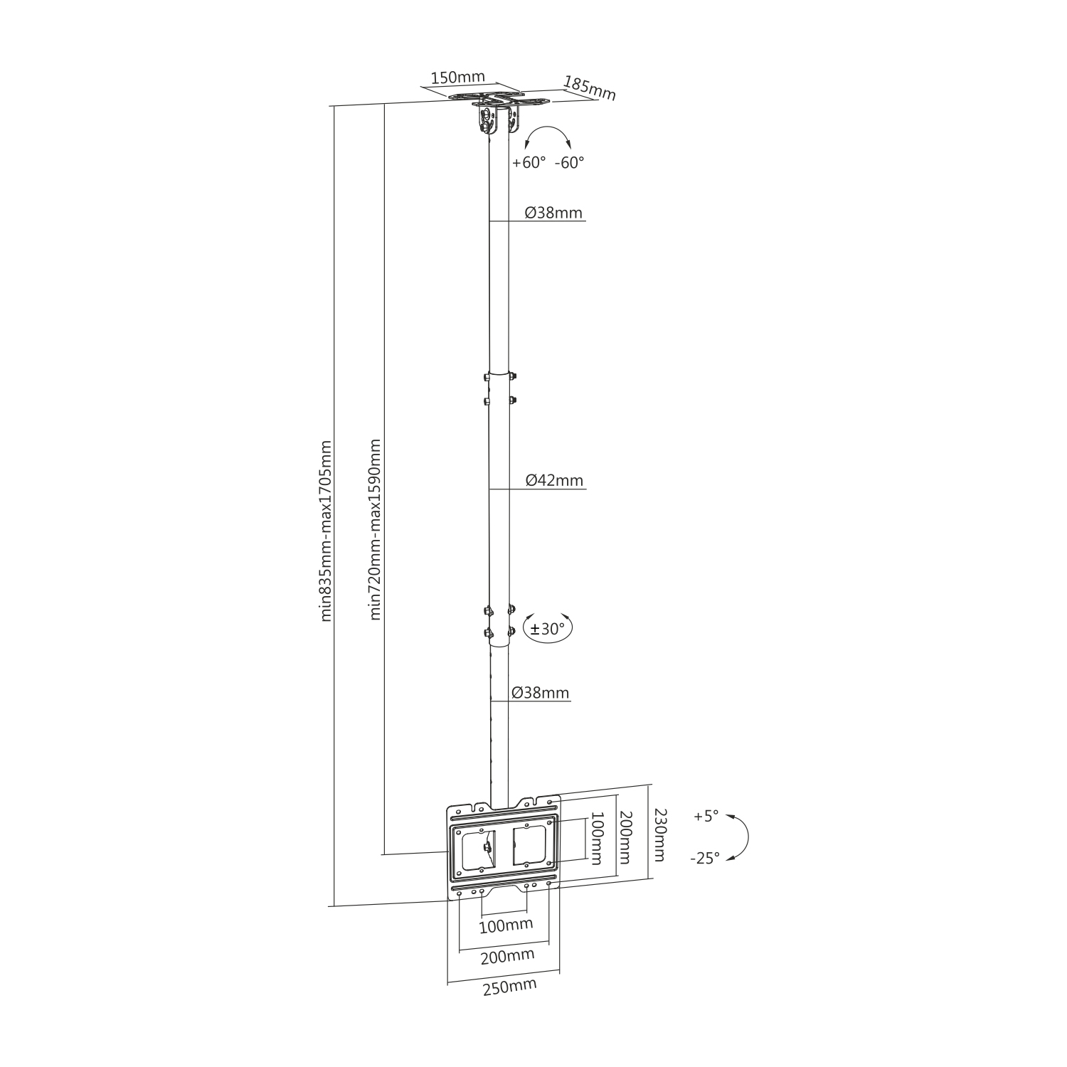 Dibujo técnico de un soporte de techo, mostrando dimensiones, ángulos y diámetros. Varios componentes están etiquetados.
