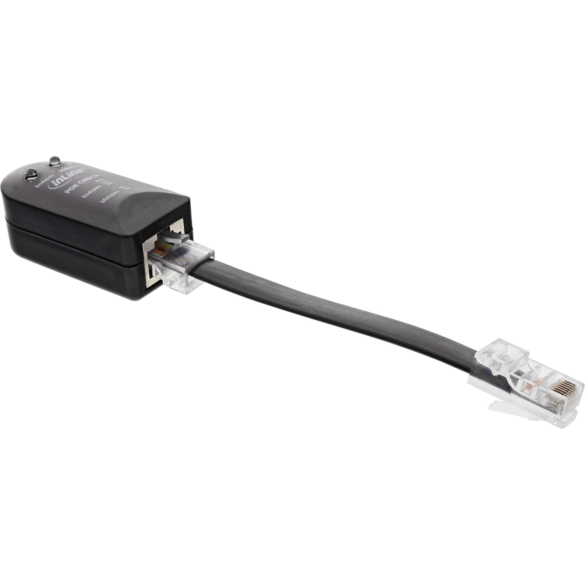 Ein schwarzer PoE-Injektor mit grauem Kabel und transparenten RJ45-Steckern auf weißem Hintergrund.