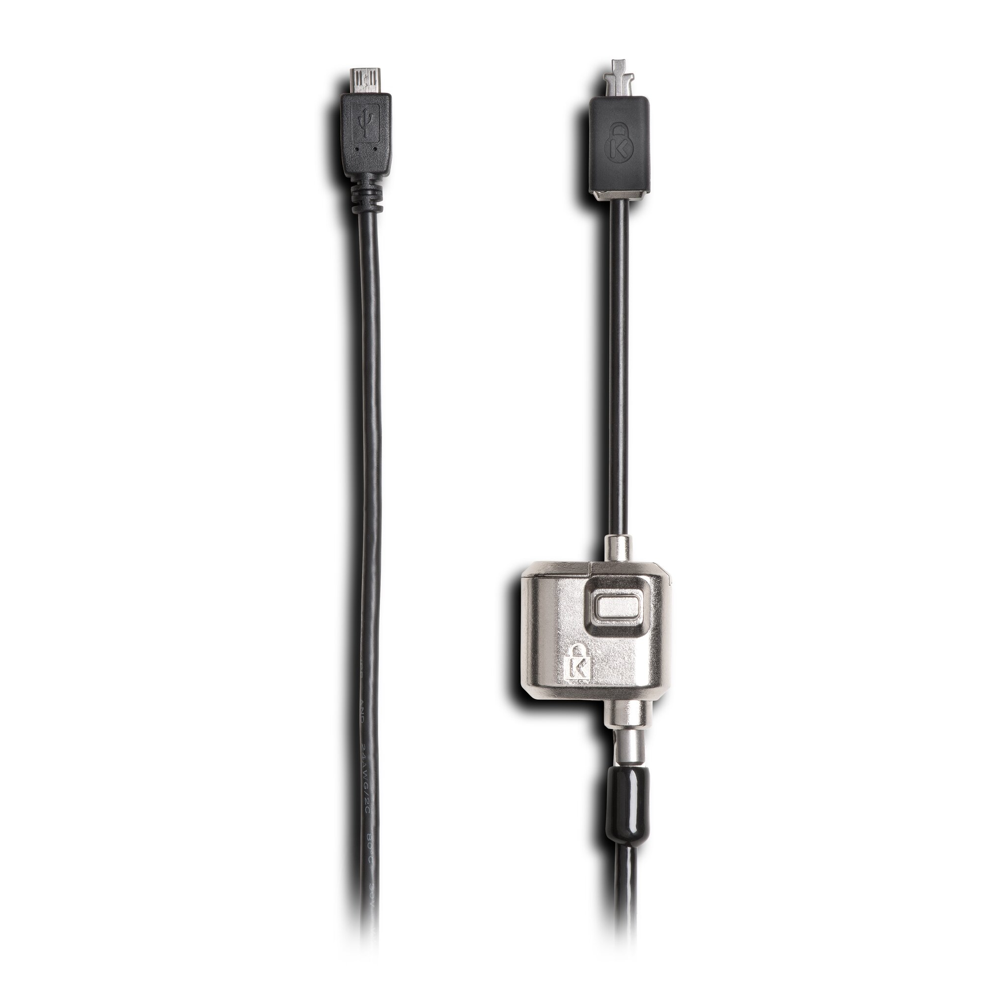 Zwei schwarze USB-Kabel mit Steckern, eines mit Micro-USB-Ende und das andere mit einem schlossförmigen Metallstück.