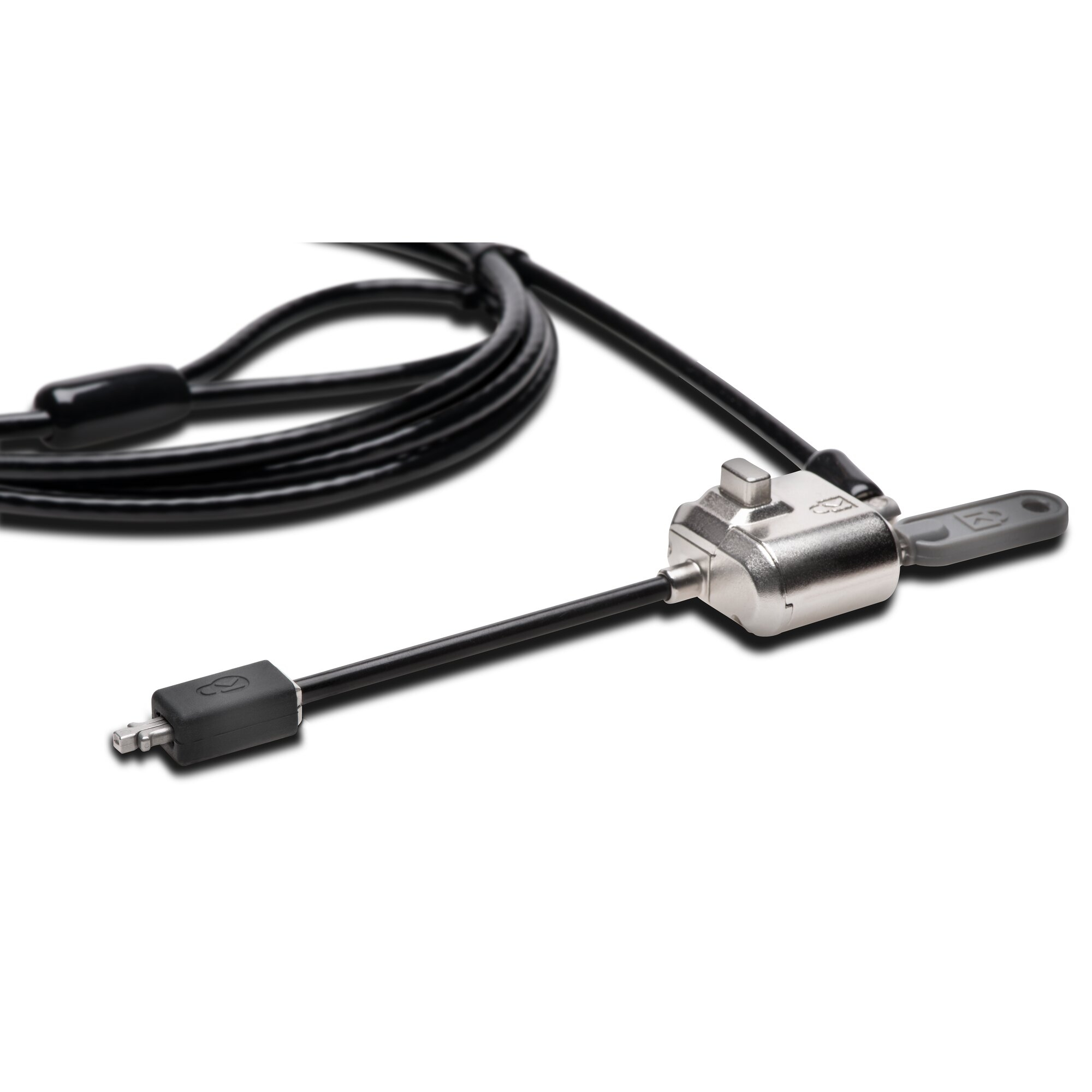 Ein schwarzes Sicherheitskabel mit Verriegelungsmechanismus. Das Kabel ist aufgerollt, der Verschluss silbern und grau.
