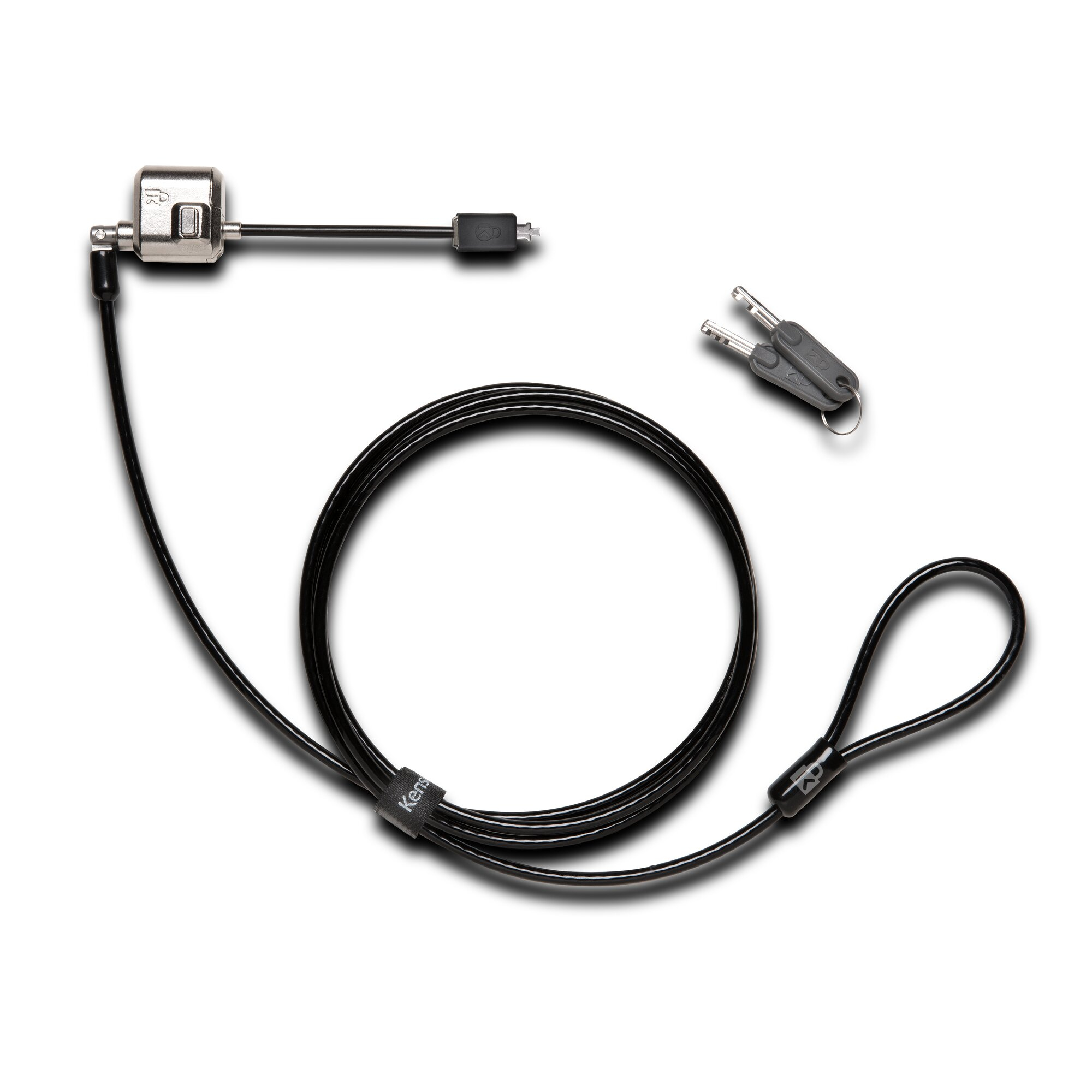 Ein schwarzes Sicherheitskabel mit Schloss, Schlüsseln und Schlaufe. Das Kabel ist auf weißem Hintergrund aufgerollt. Die Schlüssel sind grau.