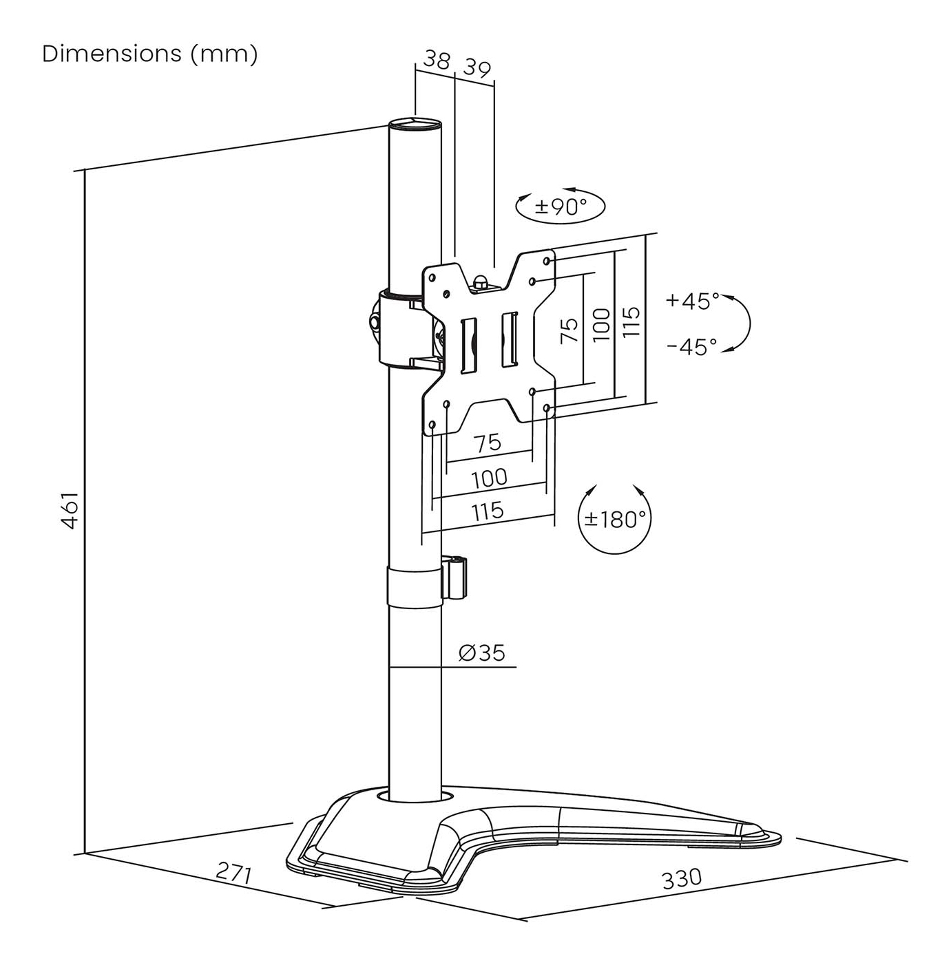 Dibujo técnico de un soporte de monitor con dimensiones en milímetros. Muestra medidas y ángulos de los componentes.