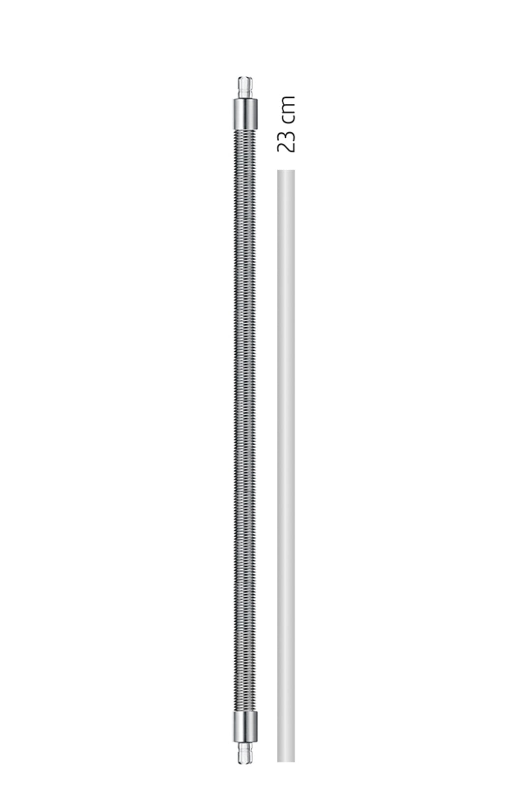 Un tubo metálico flexible y una varilla blanca, ambos verticales. Una marca de '23 cm' está junto a la varilla.