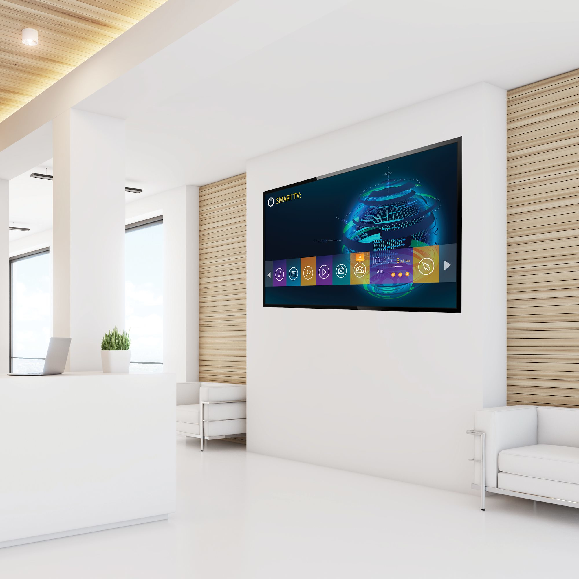 Interni di un ufficio moderno con una grande smart TV che mostra un grafico del globo, pareti bianche e una reception.