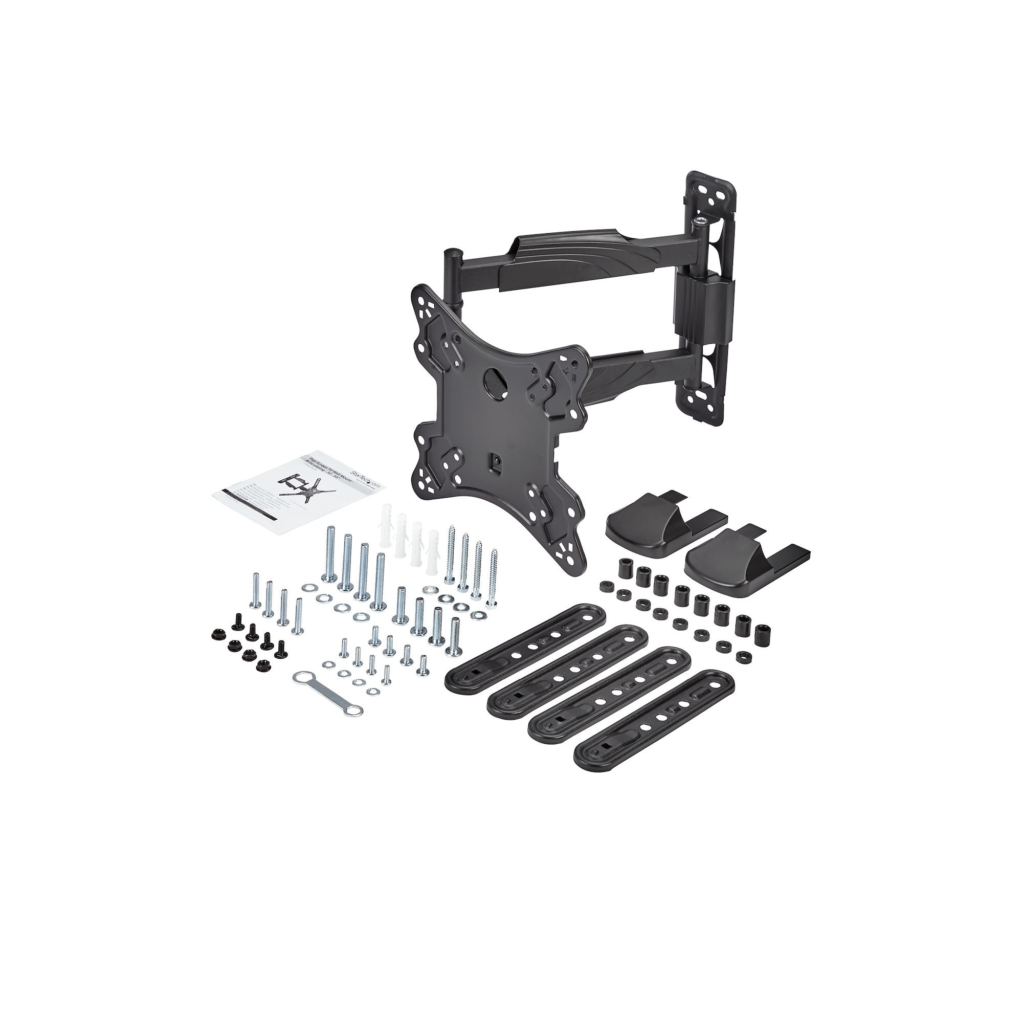 Kit di montaggio a parete per TV nero con varie viti, bulloni, staffe e manuale di istruzioni su sfondo bianco.