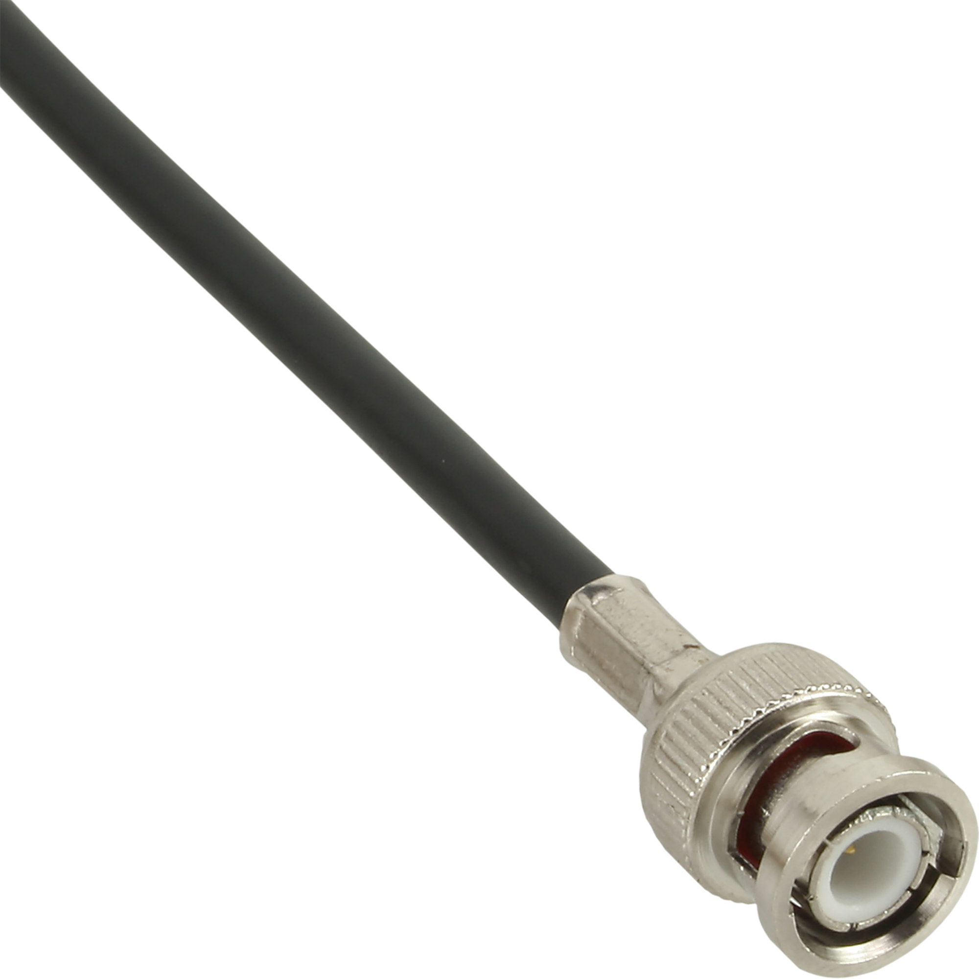Ein BNC-Steckerkabel. Das Kabel ist schwarz und der Stecker ist silberfarben.