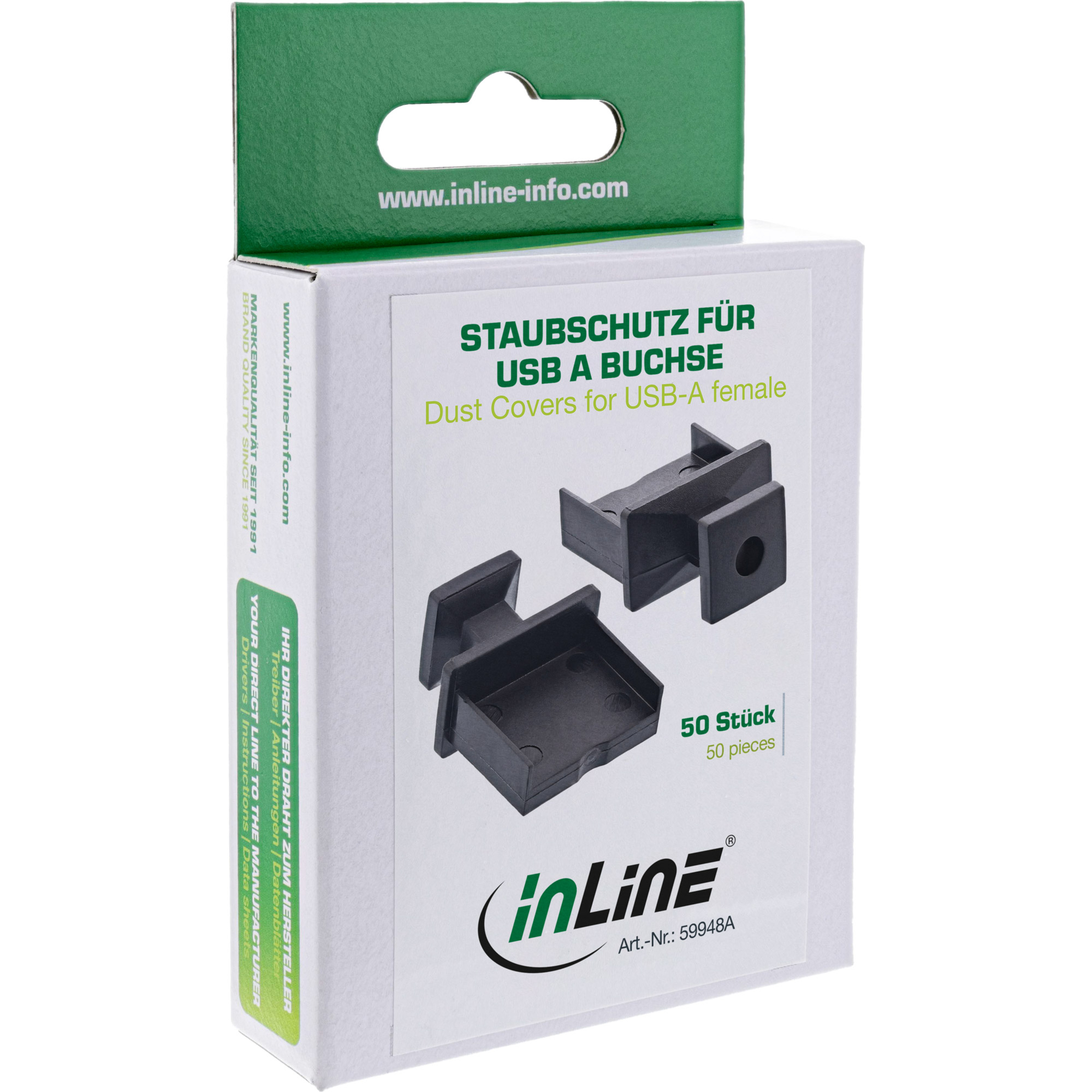 Schachtel mit Staubschutz für USB A Buchsen. Enthält 50 Stück. Die Schachtel ist weiß und grün.