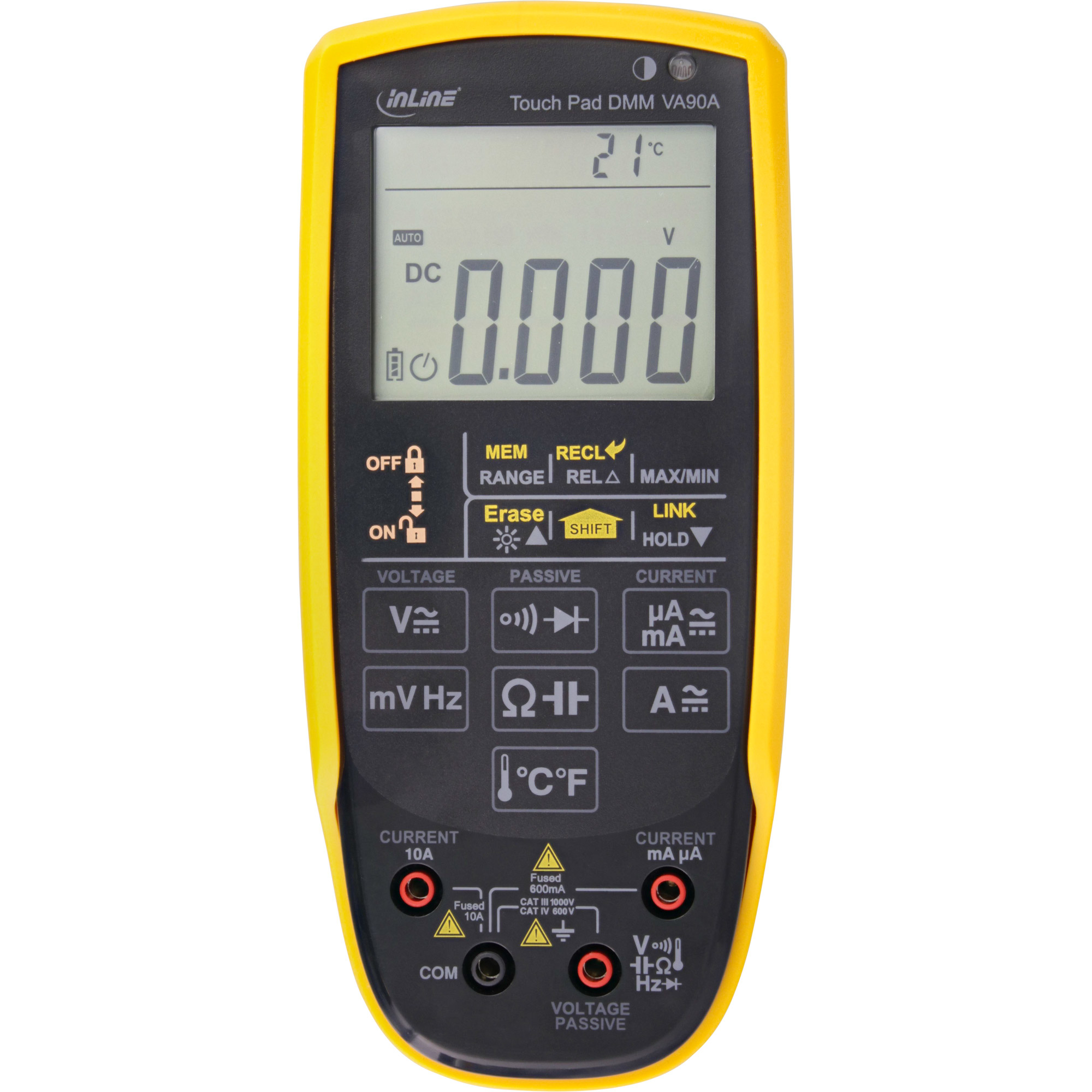 Ein gelbes und schwarzes digitales Multimeter mit Anzeige 0,000, Tasten und Eingangsanschlüssen.