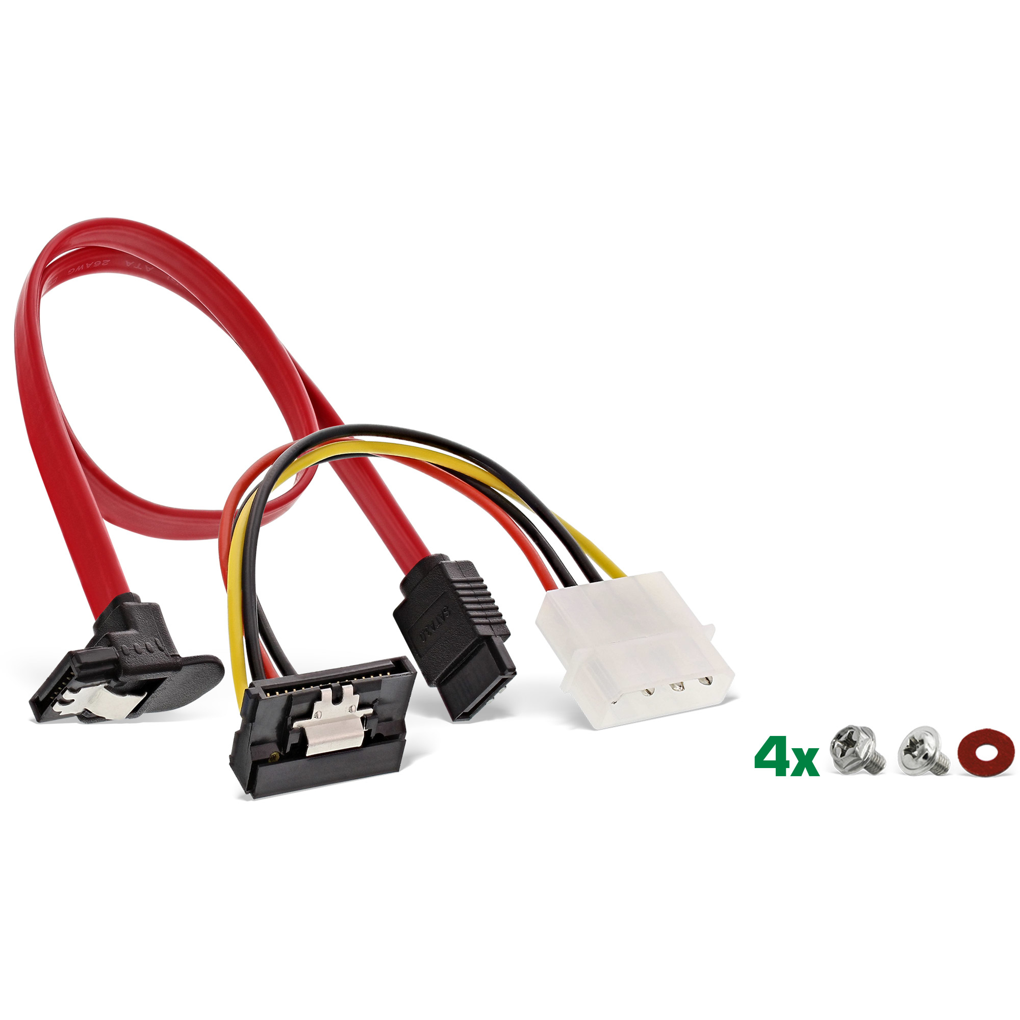 SATA-Kabel und -Anschlüsse mit Schrauben und einer roten Gummidichtung auf weißem Hintergrund. Die Kabel sind rot, schwarz, gelb und weiß.