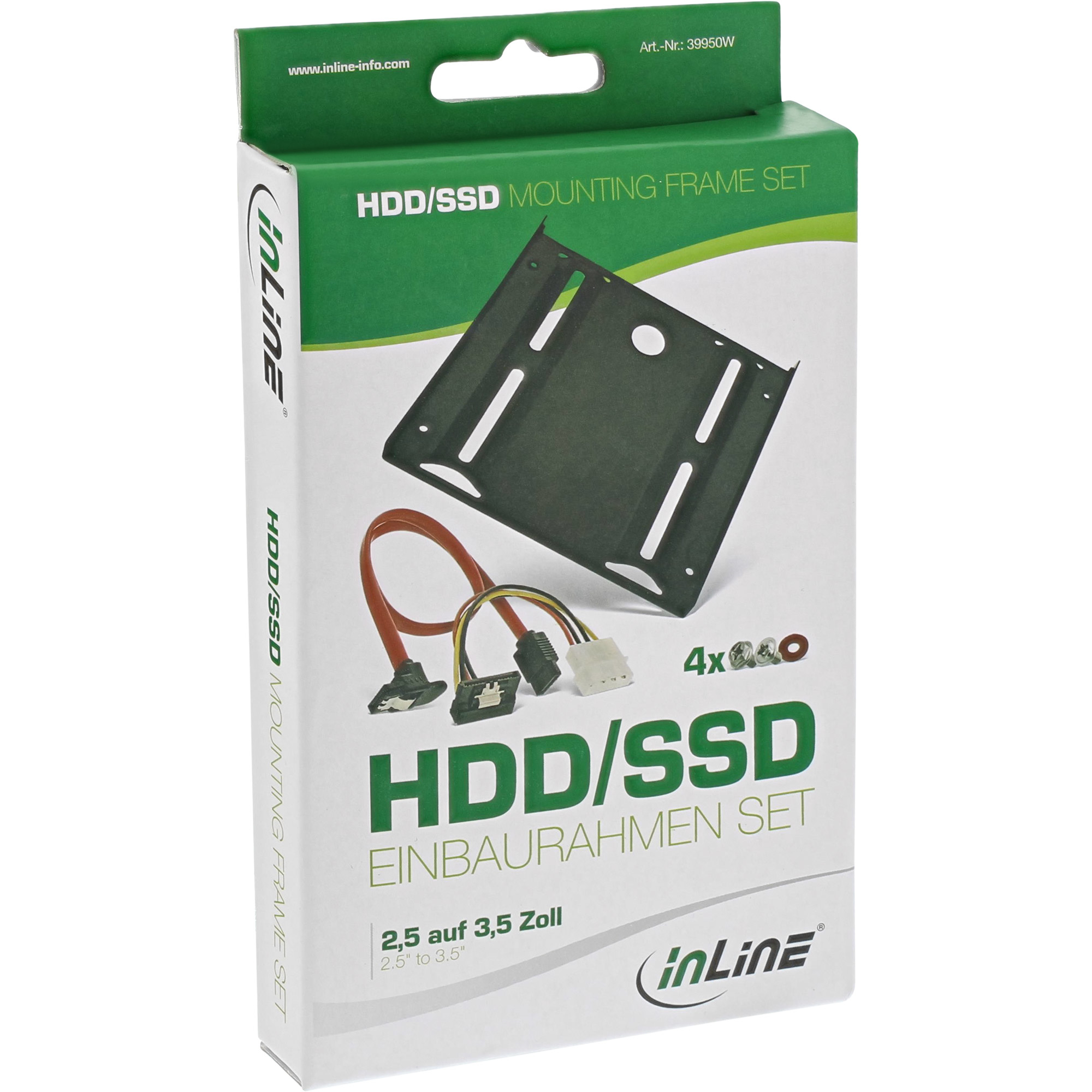 Boxed HDD/SSD-Montagerahmen-Set mit schwarzem Rahmen, Kabeln und Befestigungsmaterial. Text auf Englisch und Deutsch sichtbar.