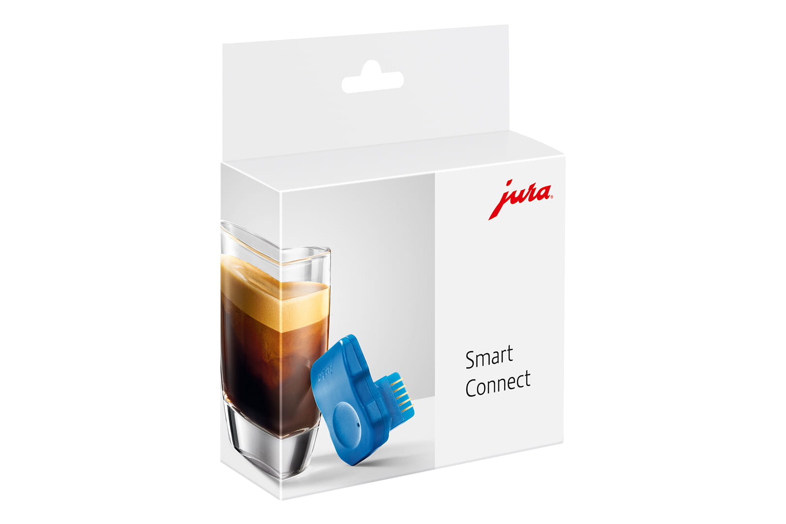 Eine Schachtel mit einer Kaffeetasse, einem blauen Gerät und dem Text "Smart Connect". Der Markenname "jura" ist sichtbar.