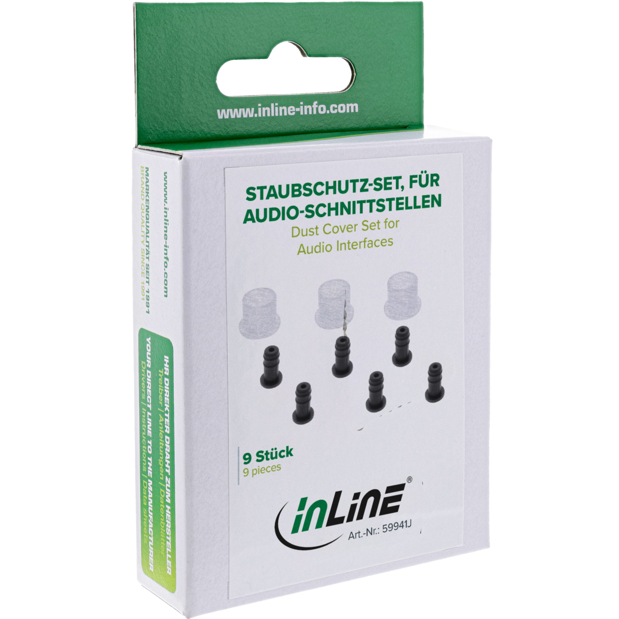 Schachtel mit Staubschutz-Set für Audioschnittstellen, mit der Marke 'inLine'. Enthält mehrere Abdeckungen. Weißer Hintergrund.