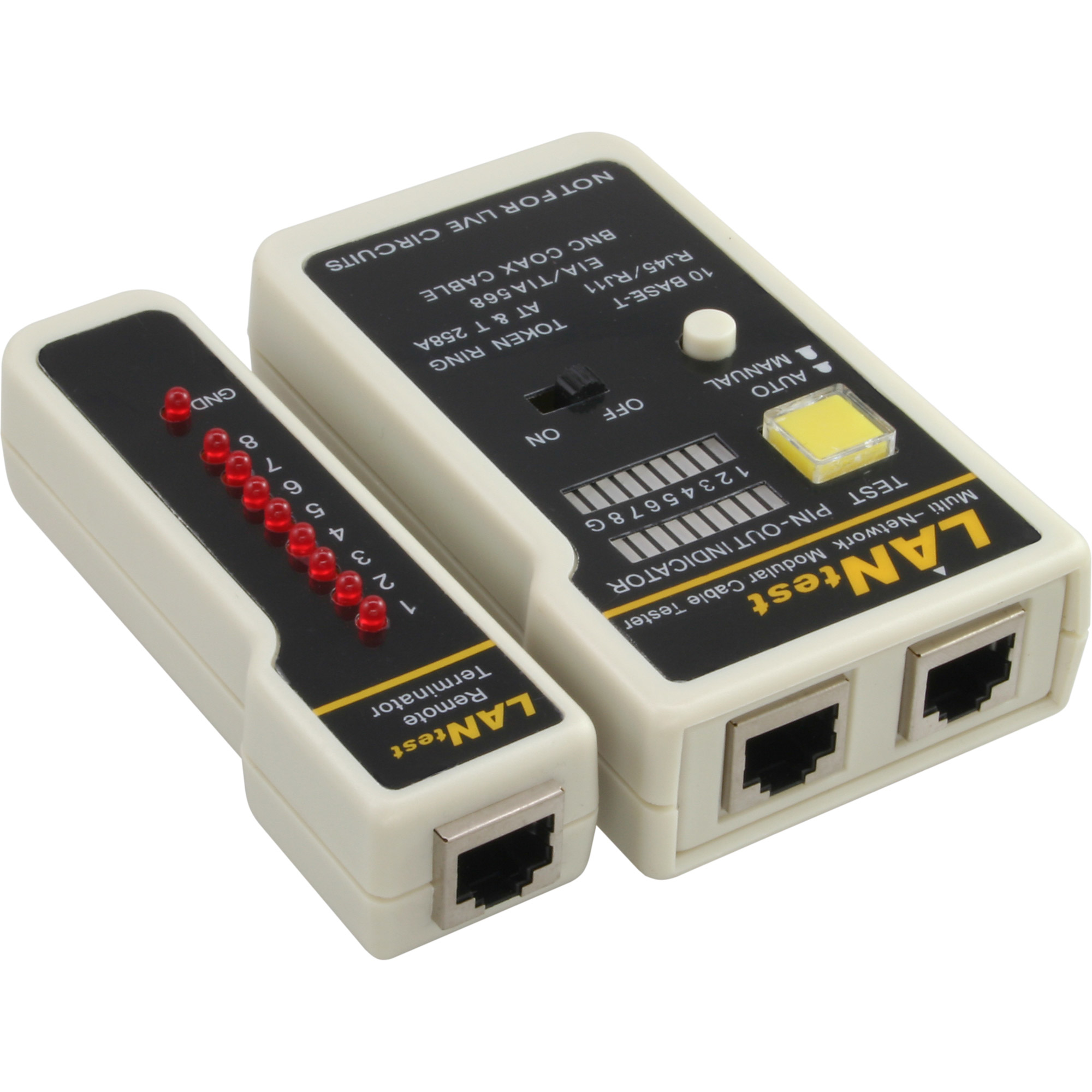 Zwei beige LAN-Tester. Einer mit LED-Leuchten, der andere mit Anschlüssen, Knöpfen und Beschriftungen. Beschriftungen sind 'LANtest' und 'PIN-OUT'.