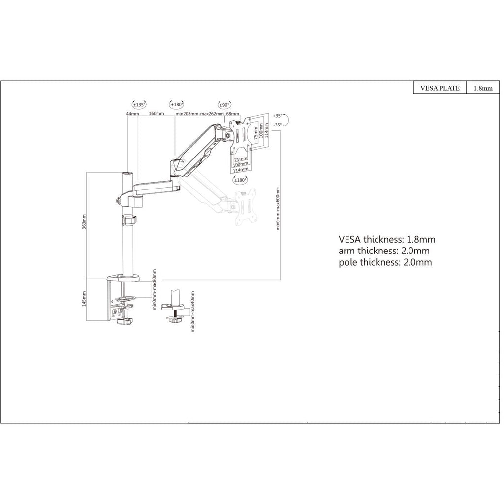 Diagramm eines Monitorarms mit Abmessungen und Winkeln. Enthält VESA-Platte, Arm- und Stärkenangaben.