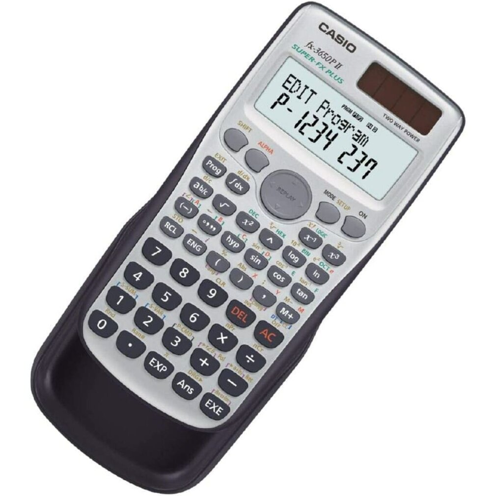 Casio fx-3650P II hesap makinesi 'EDIT Program P-1234 237' gösteriyor. Siyah bir kılıfı olan gümüş renkli. Tuşlar ve ekran görünür.