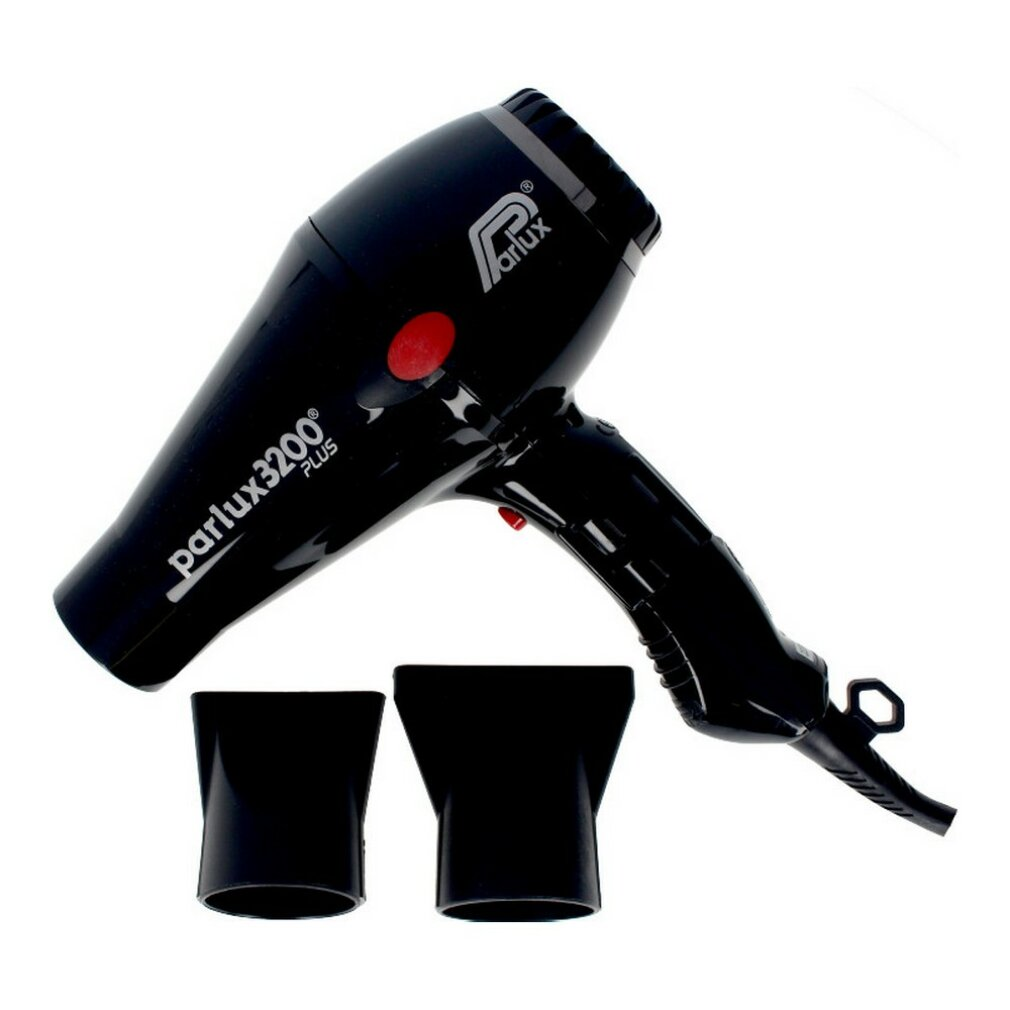 Un asciugacapelli nero Parlux 3200 Plus con due ugelli. L'asciugacapelli ha un pulsante rosso e il nome del marchio.