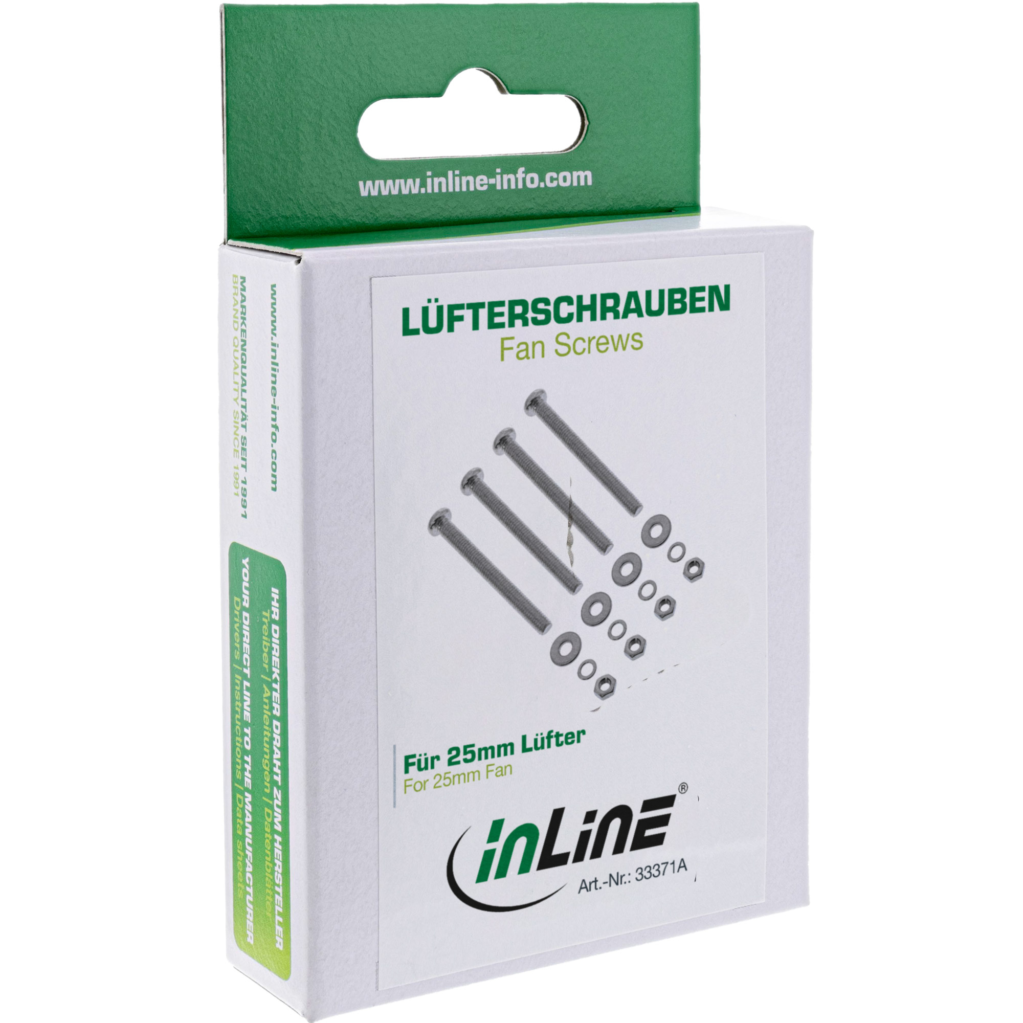 Eine weiße Box mit grünen Akzenten enthält Lüfterschrauben, Unterlegscheiben und Muttern. Die Marke ist 'inLine'.