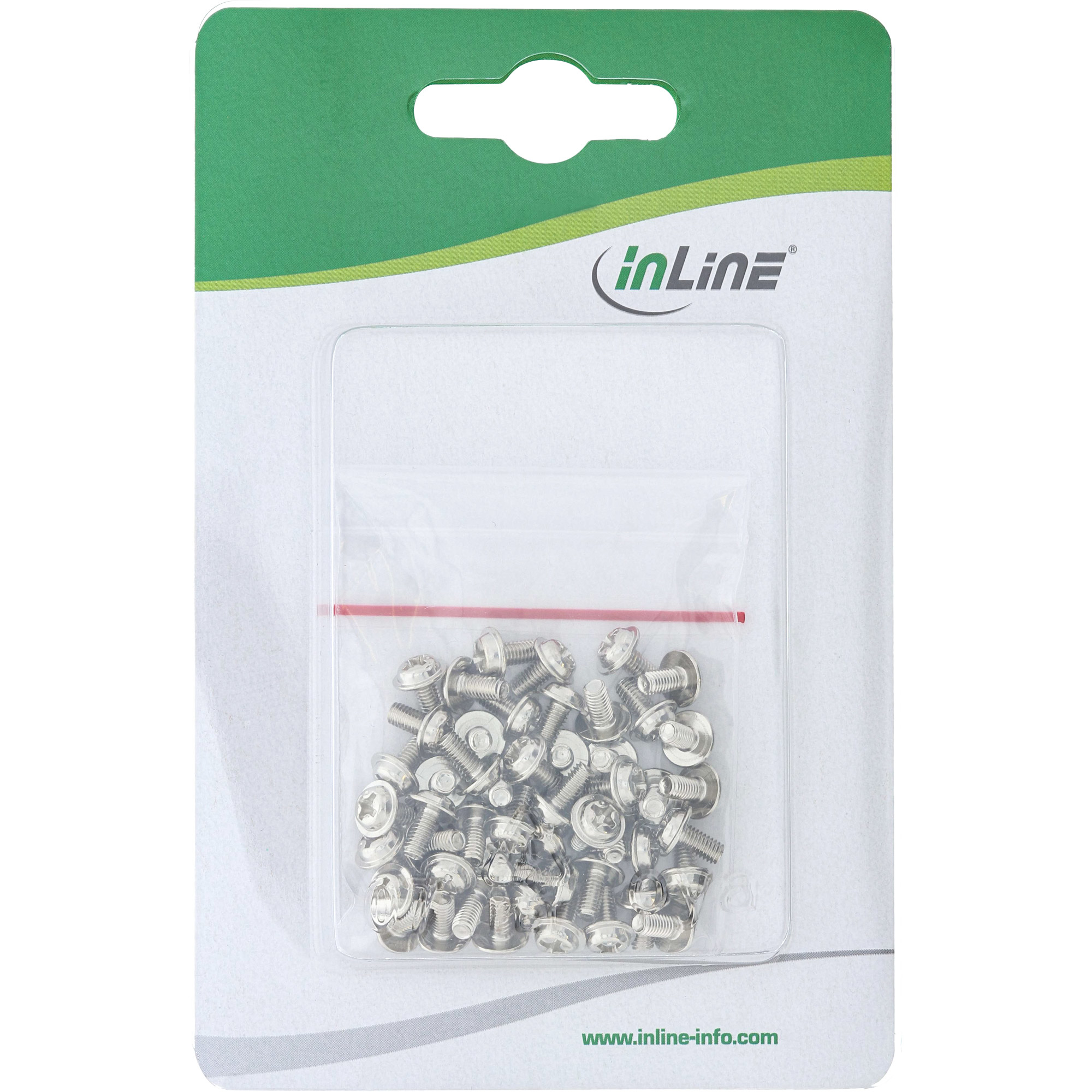 Eine Packung enthält silberne Schrauben. Die Packung befindet sich auf einer grün-weißen Karte mit dem inLine-Logo.