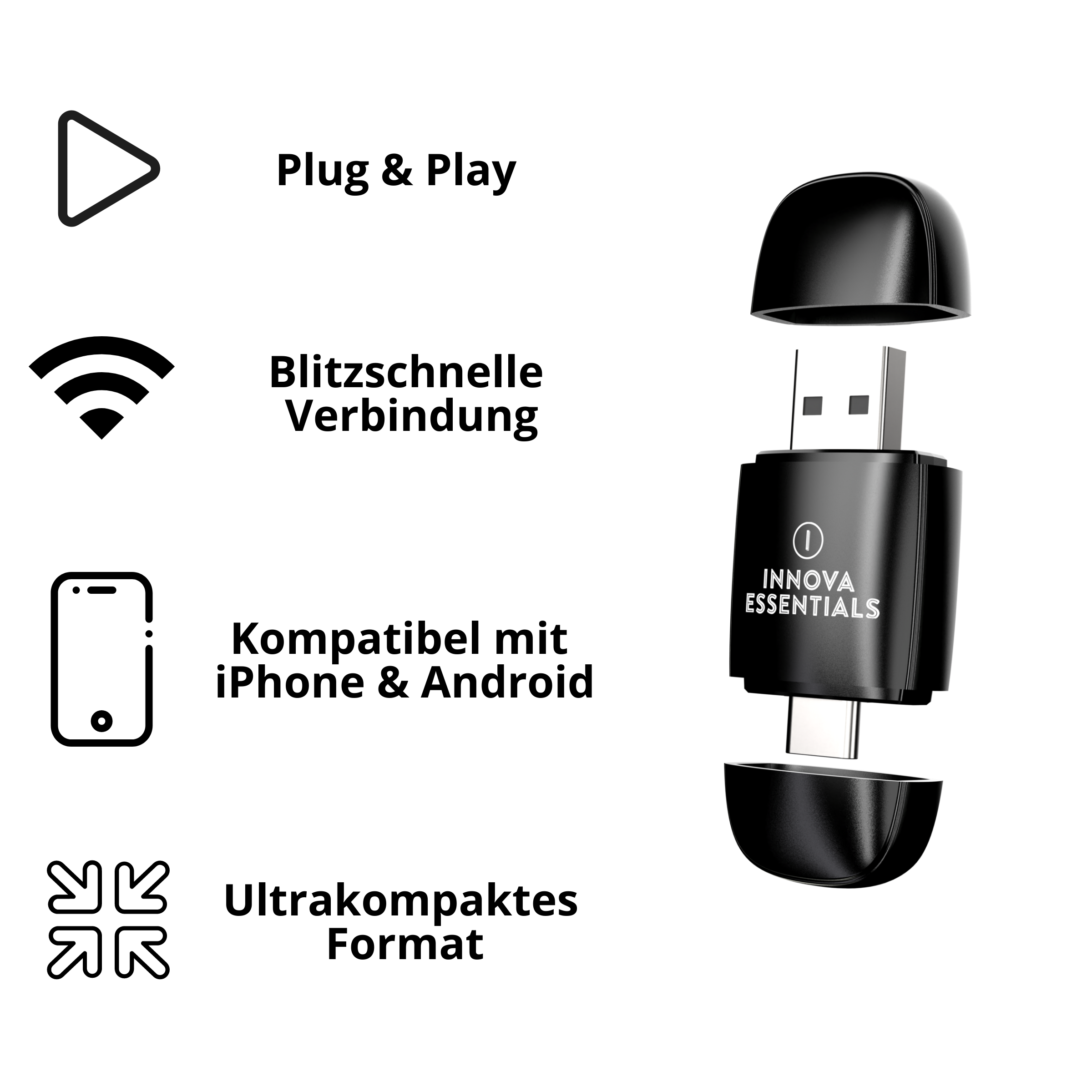 Das Bild zeigt einen schwarzen USB-Stick mit Text und Symbolen, die Funktionen wie Plug & Play und Kompatibilität anzeigen.