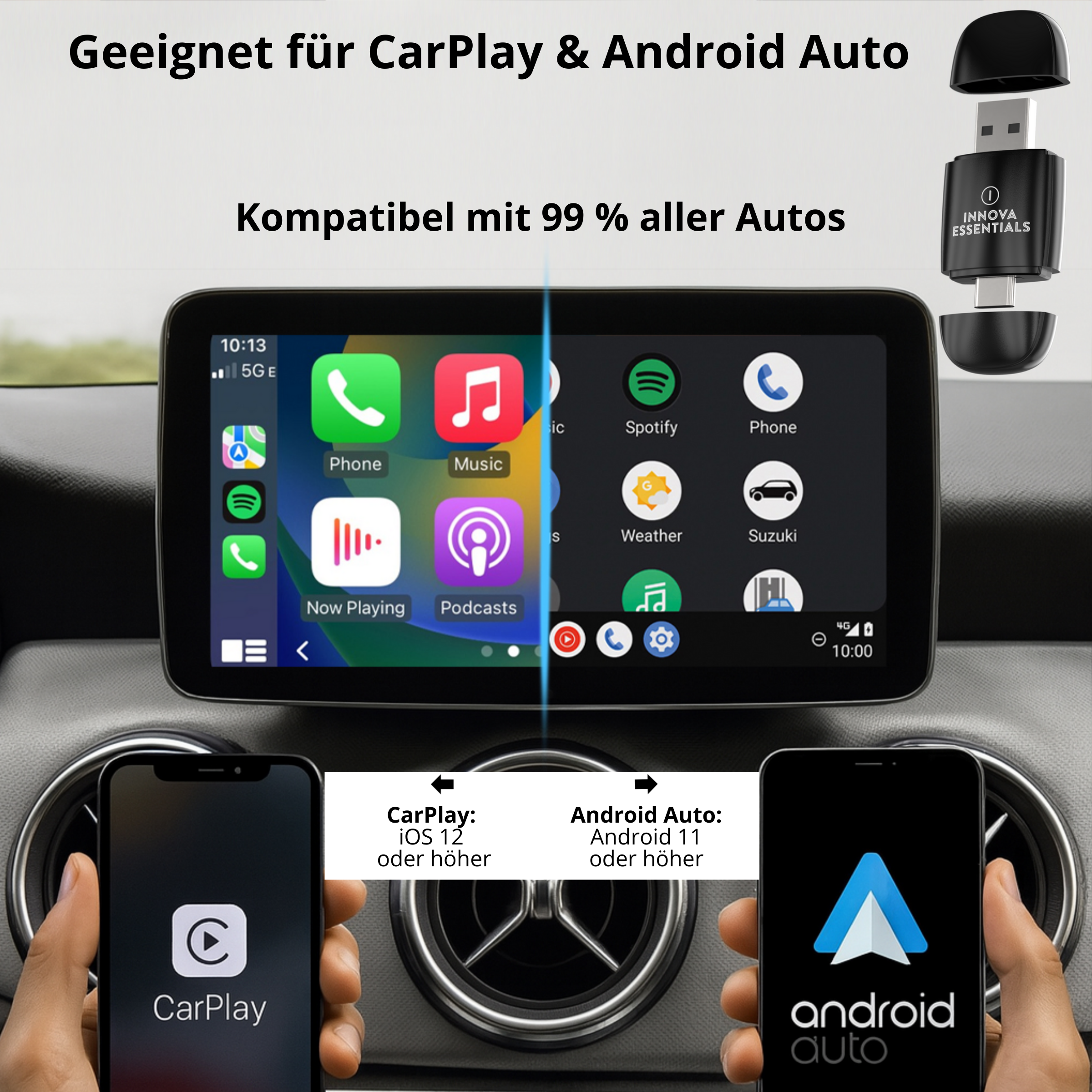 Das Bild zeigt ein Autodisplay mit CarPlay- und Android Auto-Optionen, zwei Handys und einen USB-Adapter.