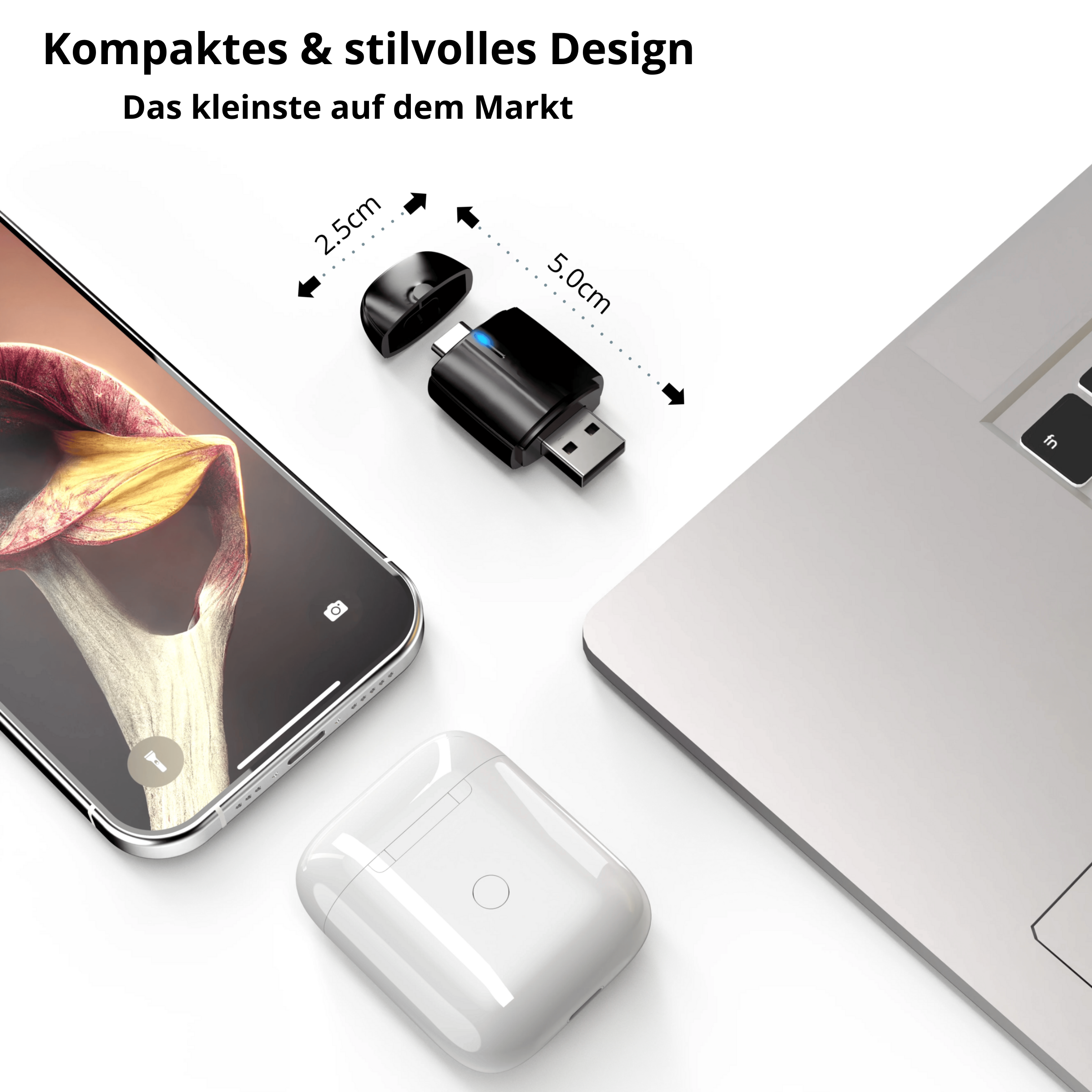 Das Bild zeigt ein Smartphone, ein weißes Ohrhörer-Etui, einen Laptop und ein kleines schwarzes USB-Gerät mit Größenangaben.