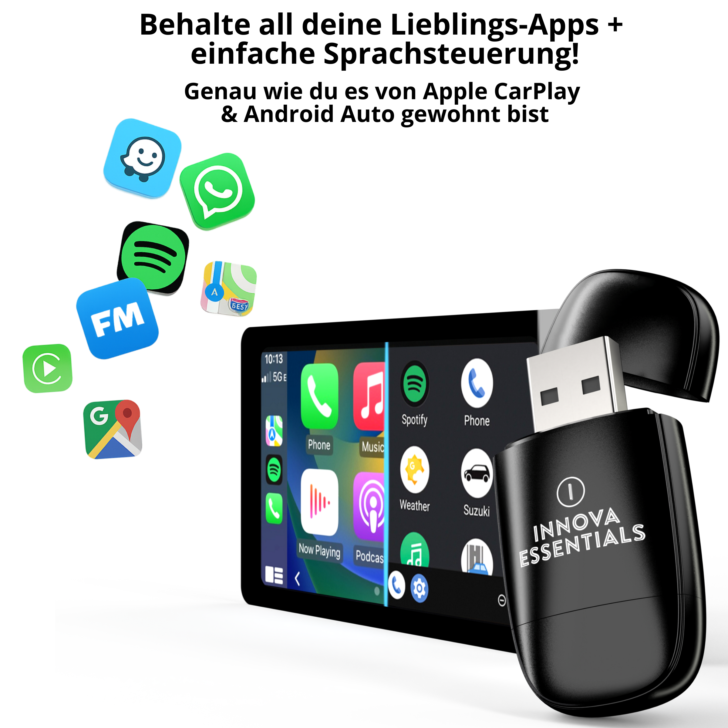 Das Bild zeigt einen Auto-Bildschirm mit App-Symbolen, einem USB-Gerät und Text auf Deutsch.