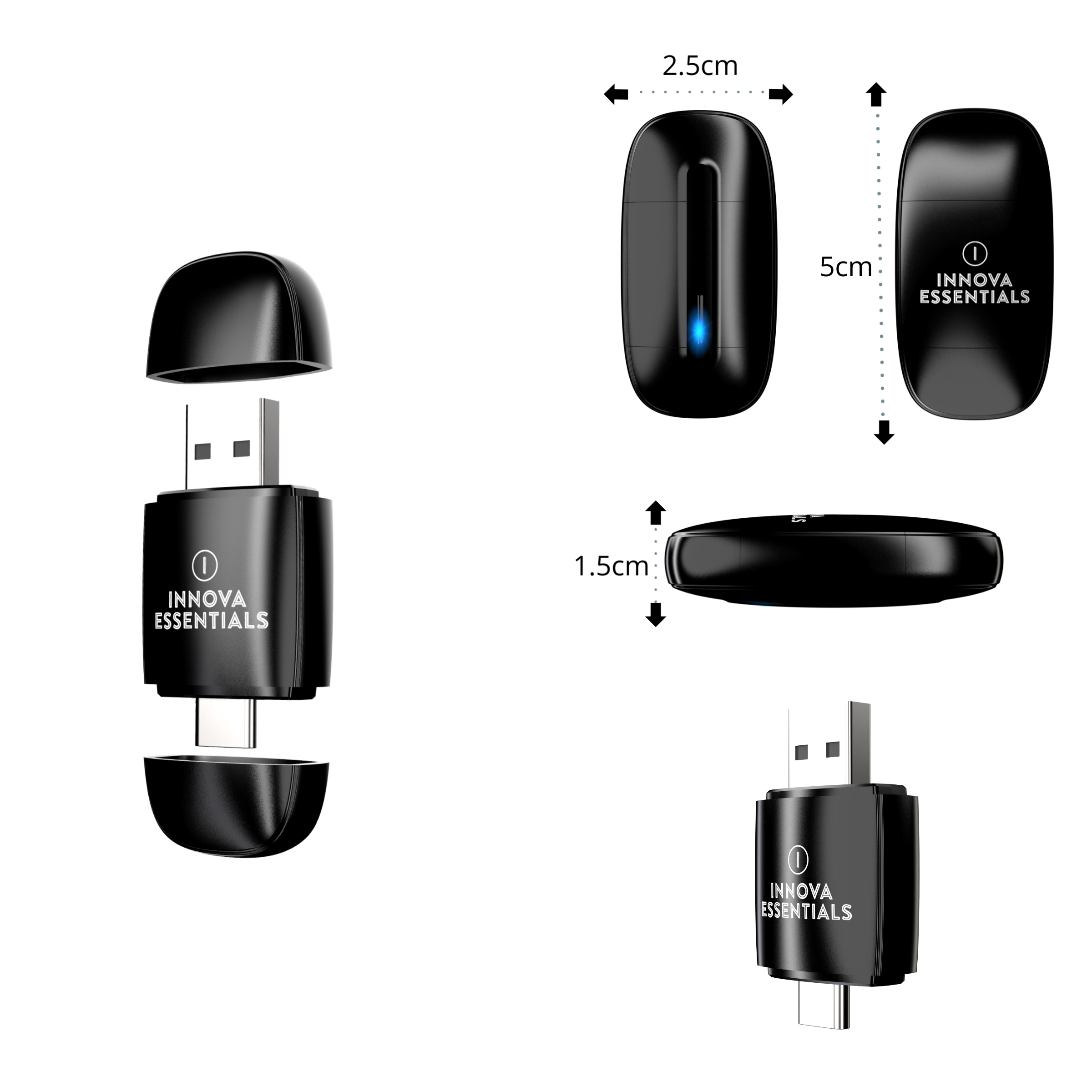 Schwarzer USB-Stick mit Deckel, Ansichten offen und geschlossen. Abmessungen werden mit Pfeilen angezeigt. Die Marke ist Innova Essentials.