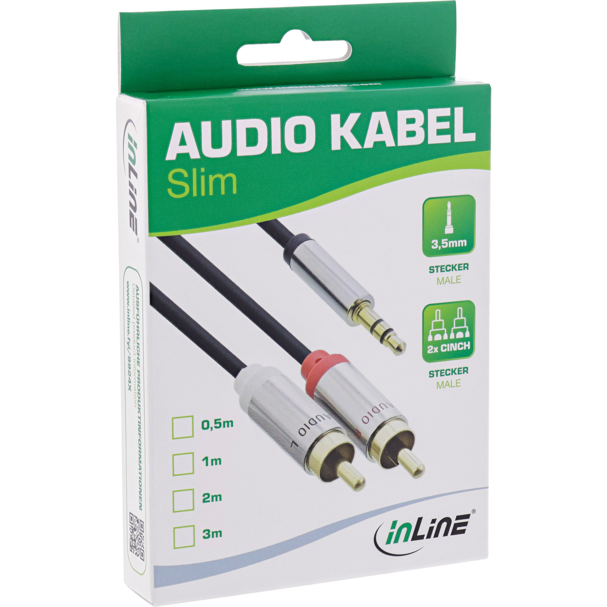 Schachtel mit Audiokabeln. Sie zeigt die Kabelanschlüsse und das Markenlogo. Auf der Schachtel steht 'Audio Kabel Slim'.