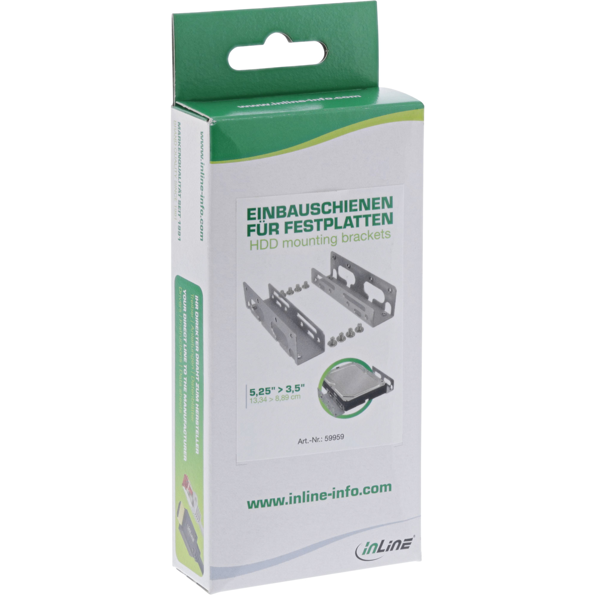 Eine weiße Schachtel mit grünen Akzenten zeigt 'HDD-Montagehalterungen'. Sie zeigt Halterungen, Schrauben und eine Festplatte. Die Marke ist 'inLine'.