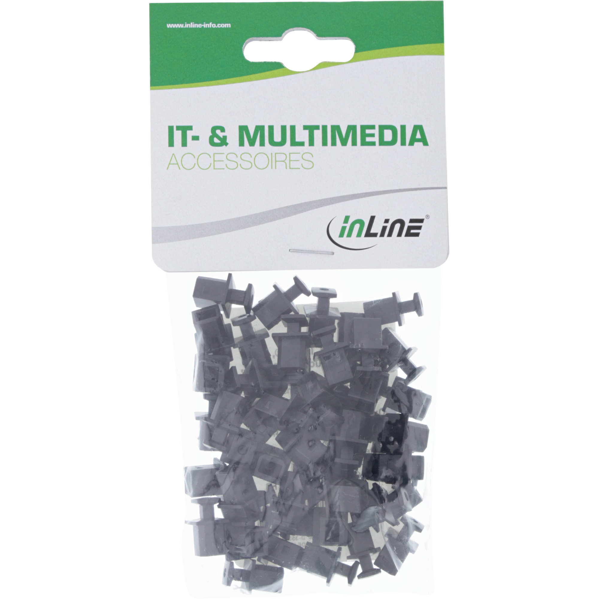 Eine Packung schwarzer Plastikclips für IT-Zubehör. Die Verpackung hat grüne und weiße Farben, und die Marke ist inLine.