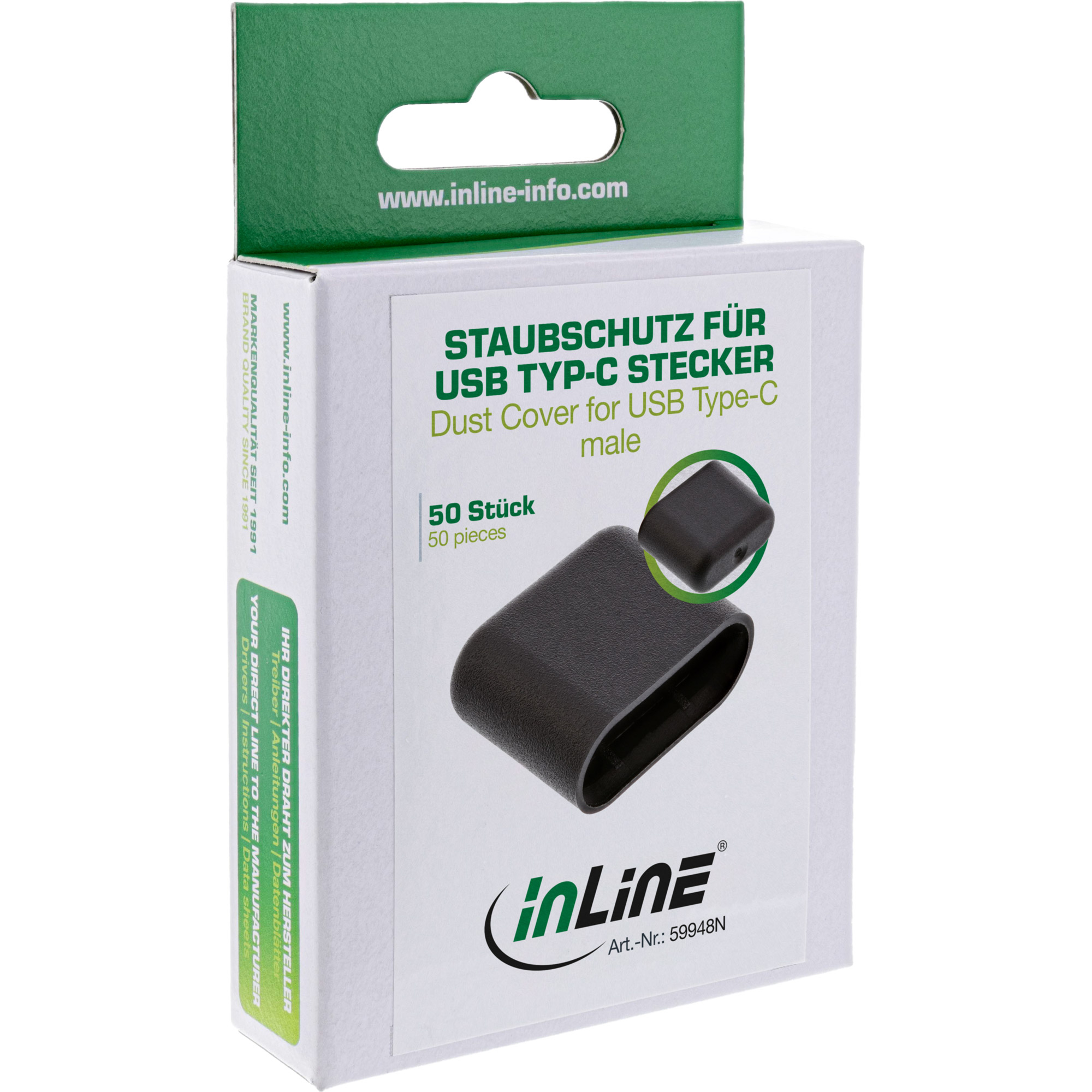 Eine weiße Schachtel mit grünen Akzenten. Sie zeigt 'Staubschutz für USB Typ-C Stecker' und eine schwarze Abdeckung.
