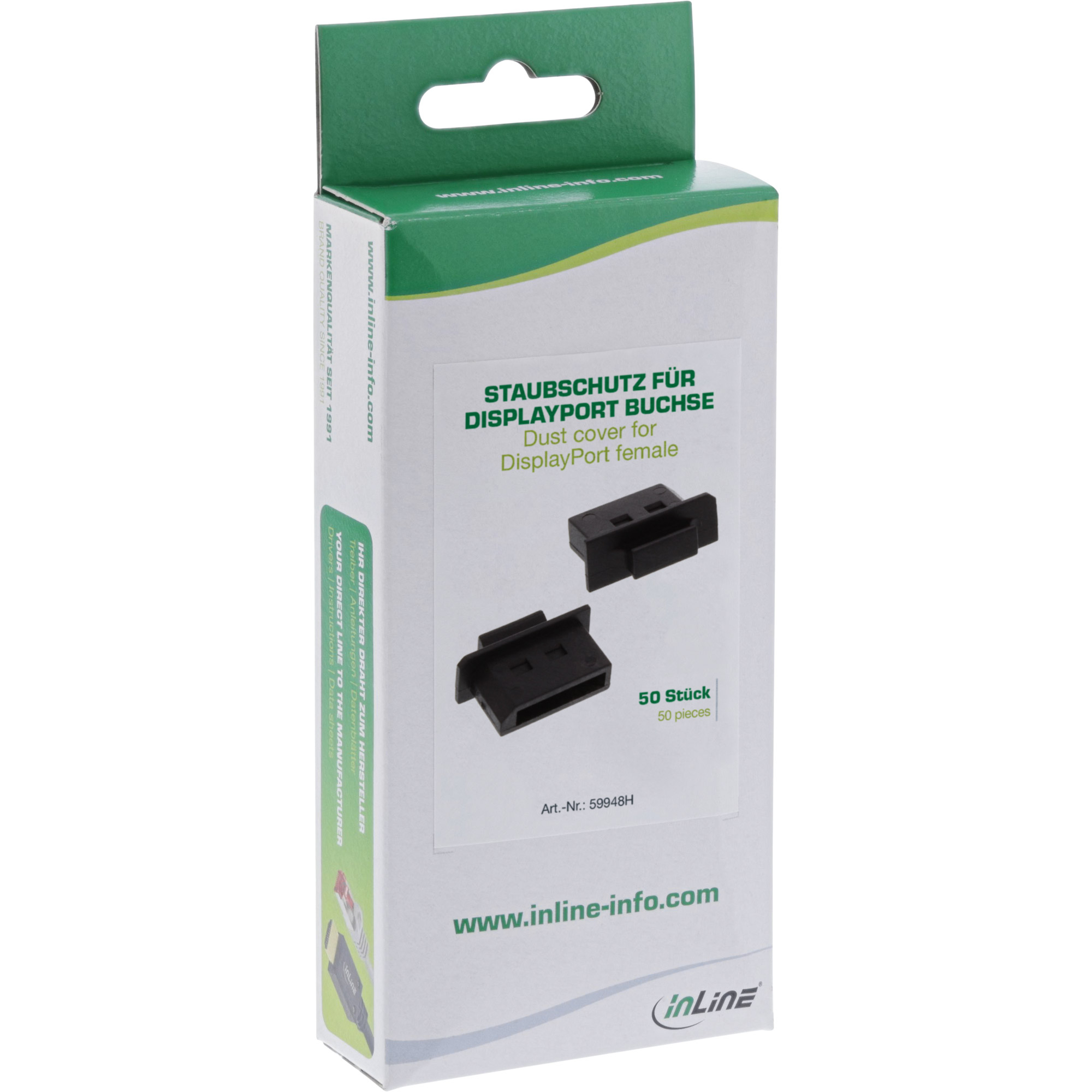 Schachtel mit Staubschutz für DisplayPort female. Schwarze Abdeckungen, weiße und grüne Schachtel. Text auf Deutsch und Englisch.